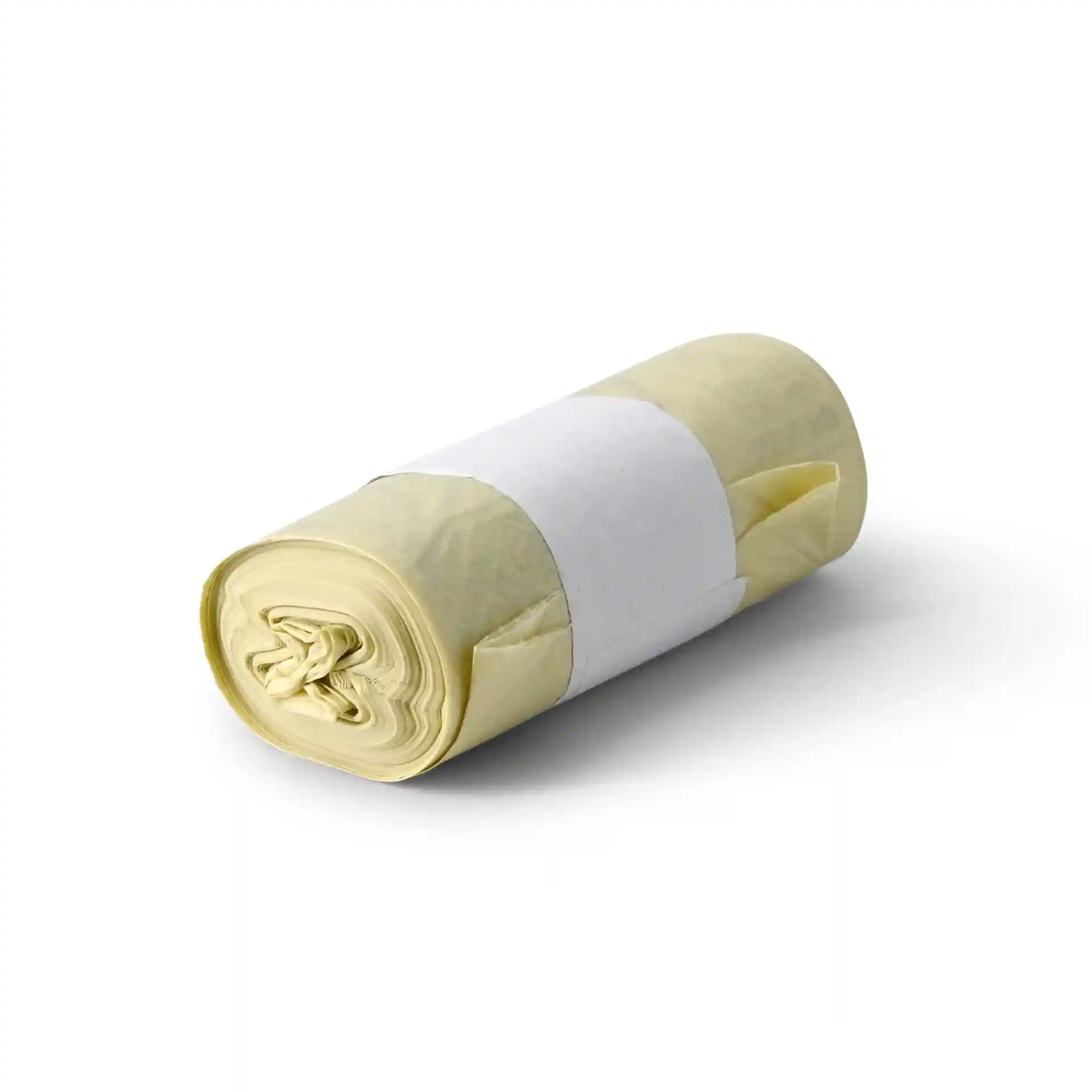 Rolled transparent bio bin bags made of PLA, measuring 50x60 cm, secured with a white band.