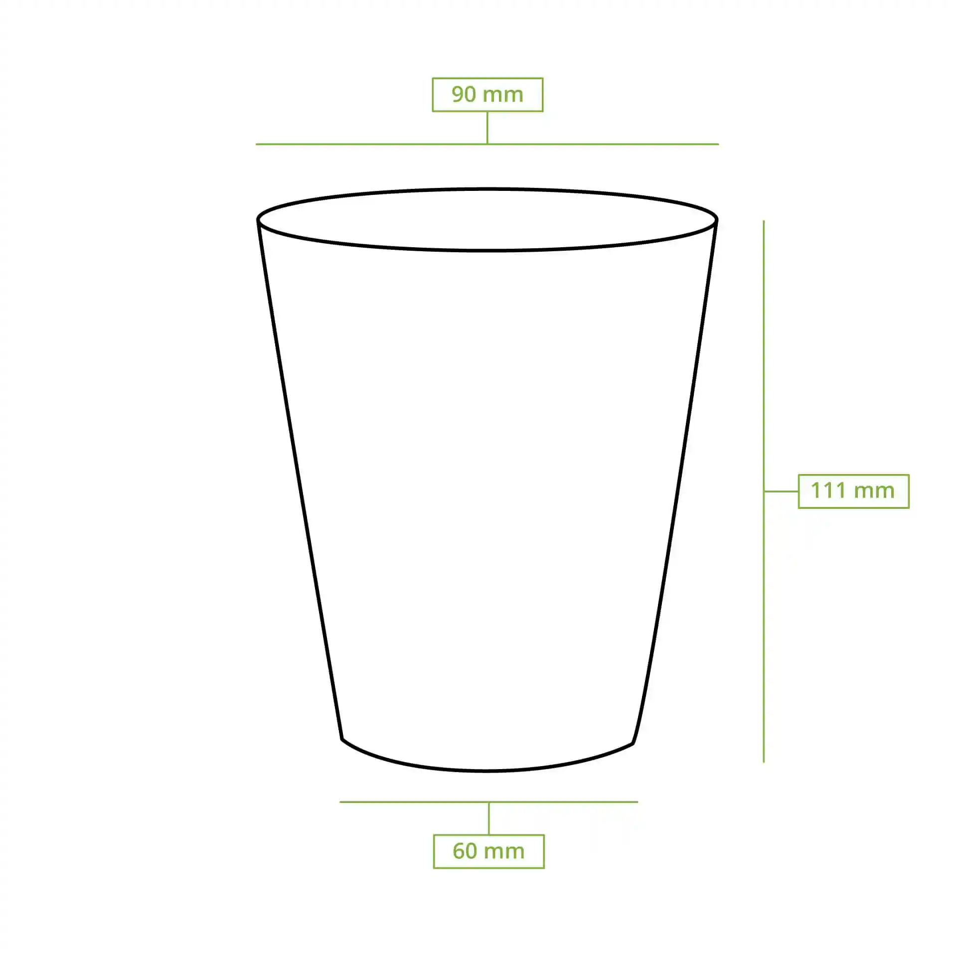 Schematic drawing of a paper cup with dimensions: height 112 mm, top diameter 90 mm, and bottom diameter 60 mm.