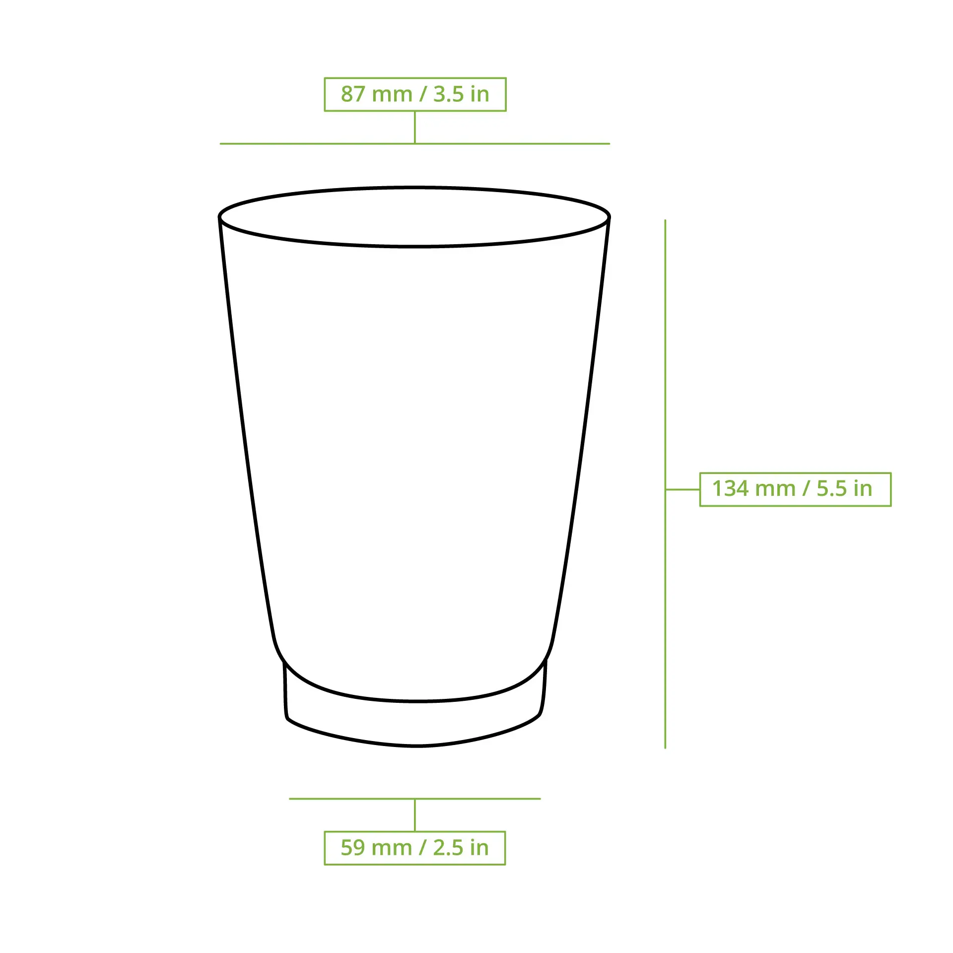 Brown triple-walled disposable coffee cup with measurements, designed for hot beverages, featuring insulating ripple-wall technology.