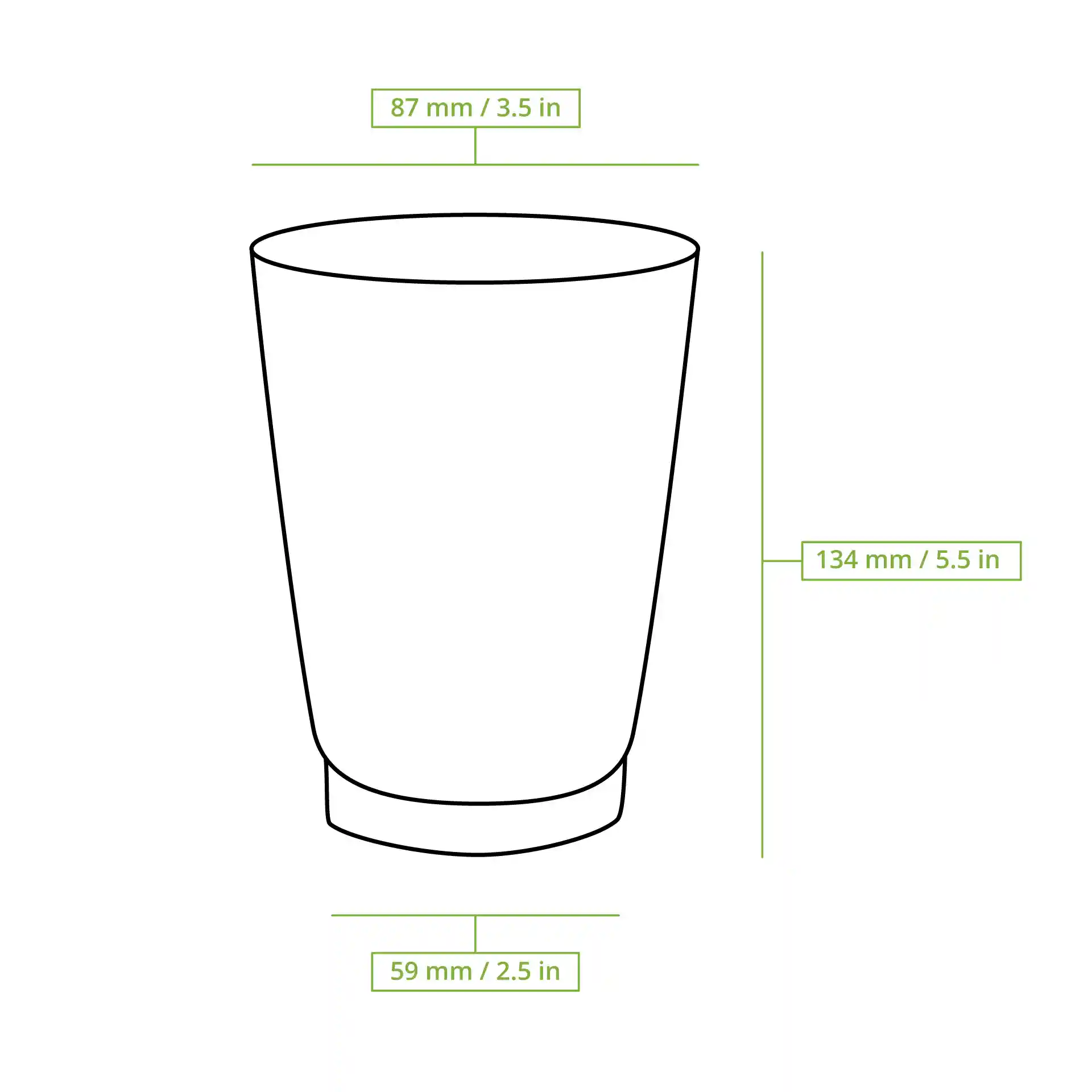Schematic drawing of a ribbed cup with dimension lines showing height of 134 mm, top diameter of 90 mm, and base diameter of 59 mm.