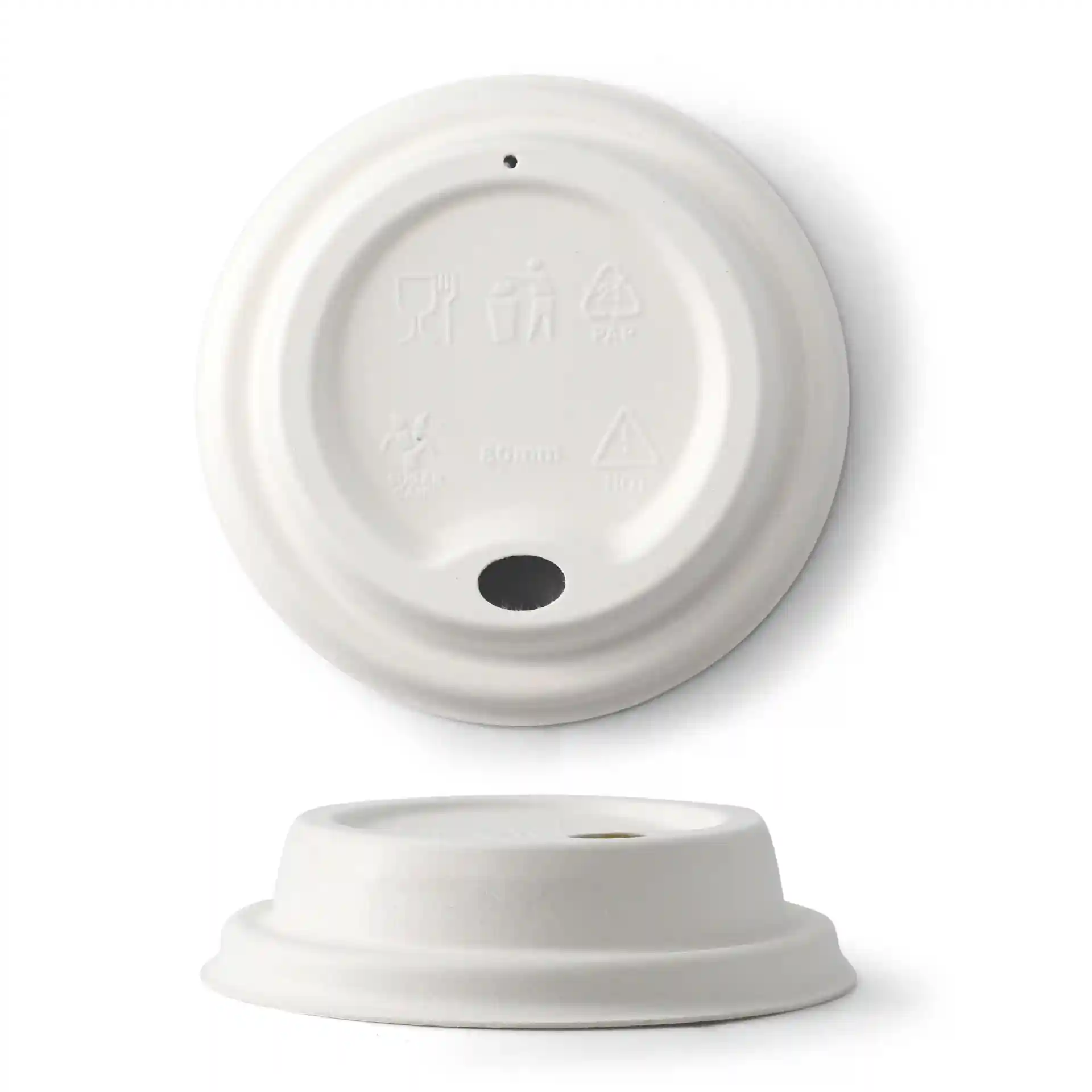 White sugarcane lid for paper cups, 80 mm diameter, with a small hole and raised edge.