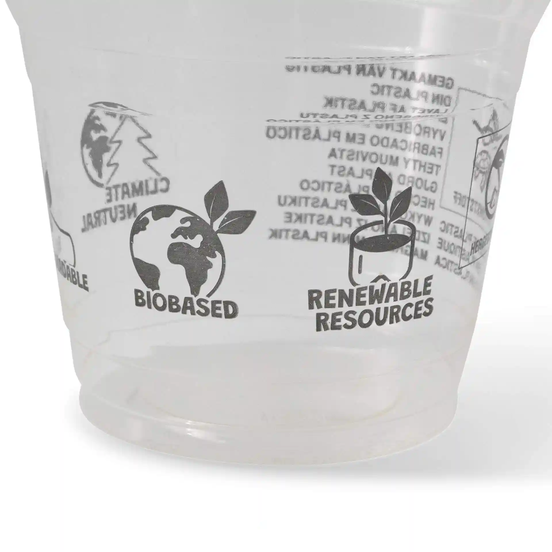 Transparent 8 oz PLA smoothie cup with printed symbols including a globe and plant designs.