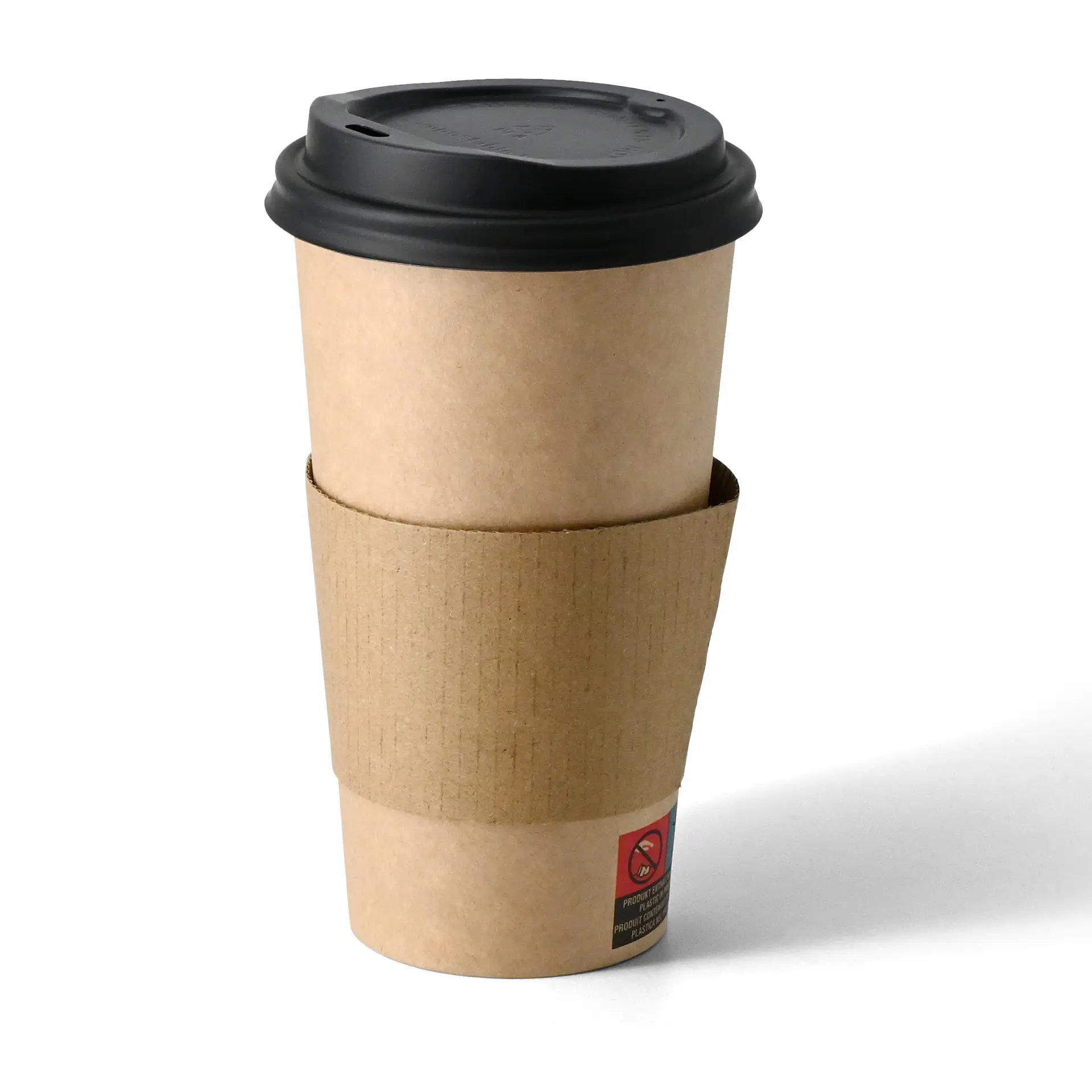 Single-wall brown paper cup with black lid, PLA coating, suitable for hot and cold drinks, 500 ml size.