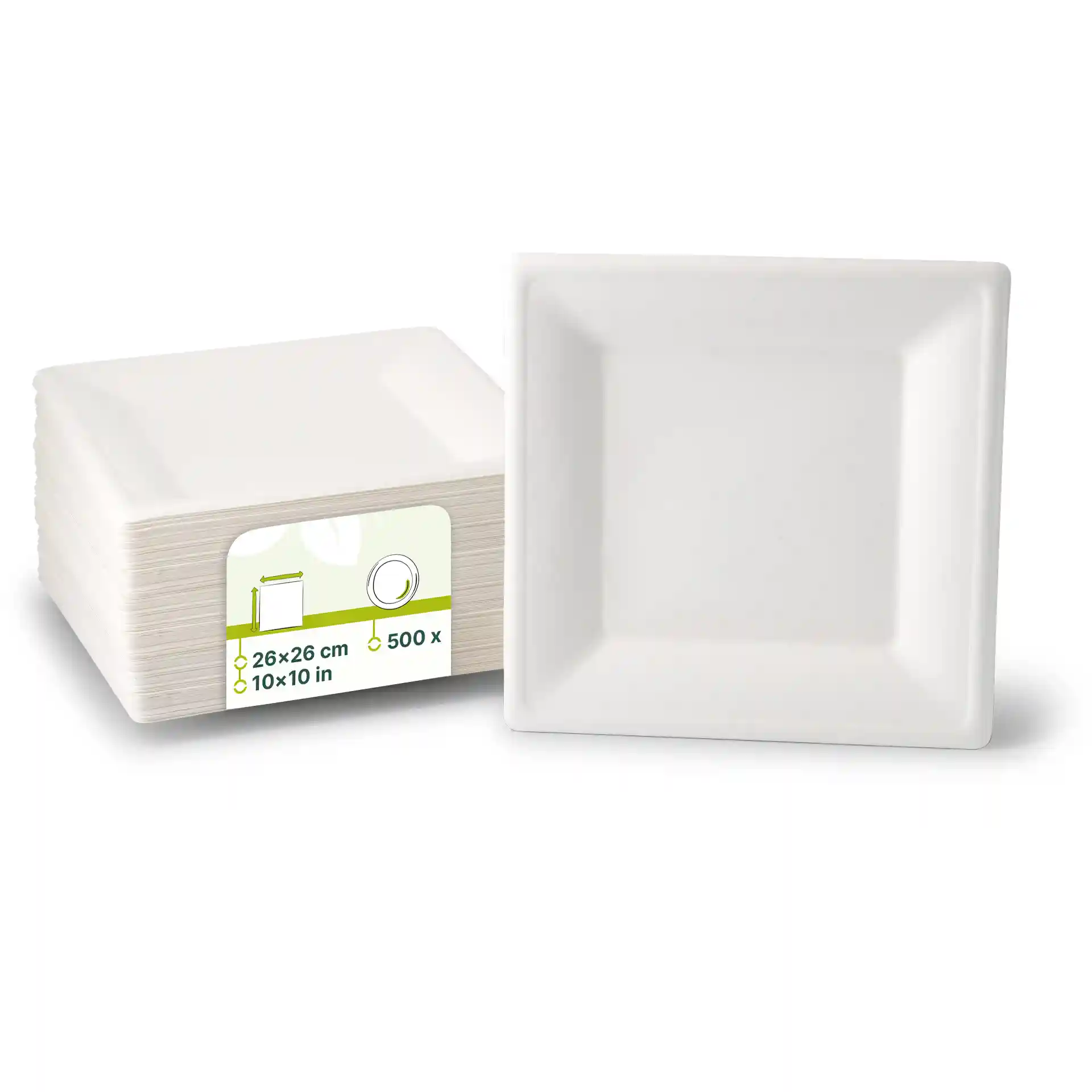 Stack of white square sugarcane plates, each measuring 26 x 26 cm, with one plate displayed upright.