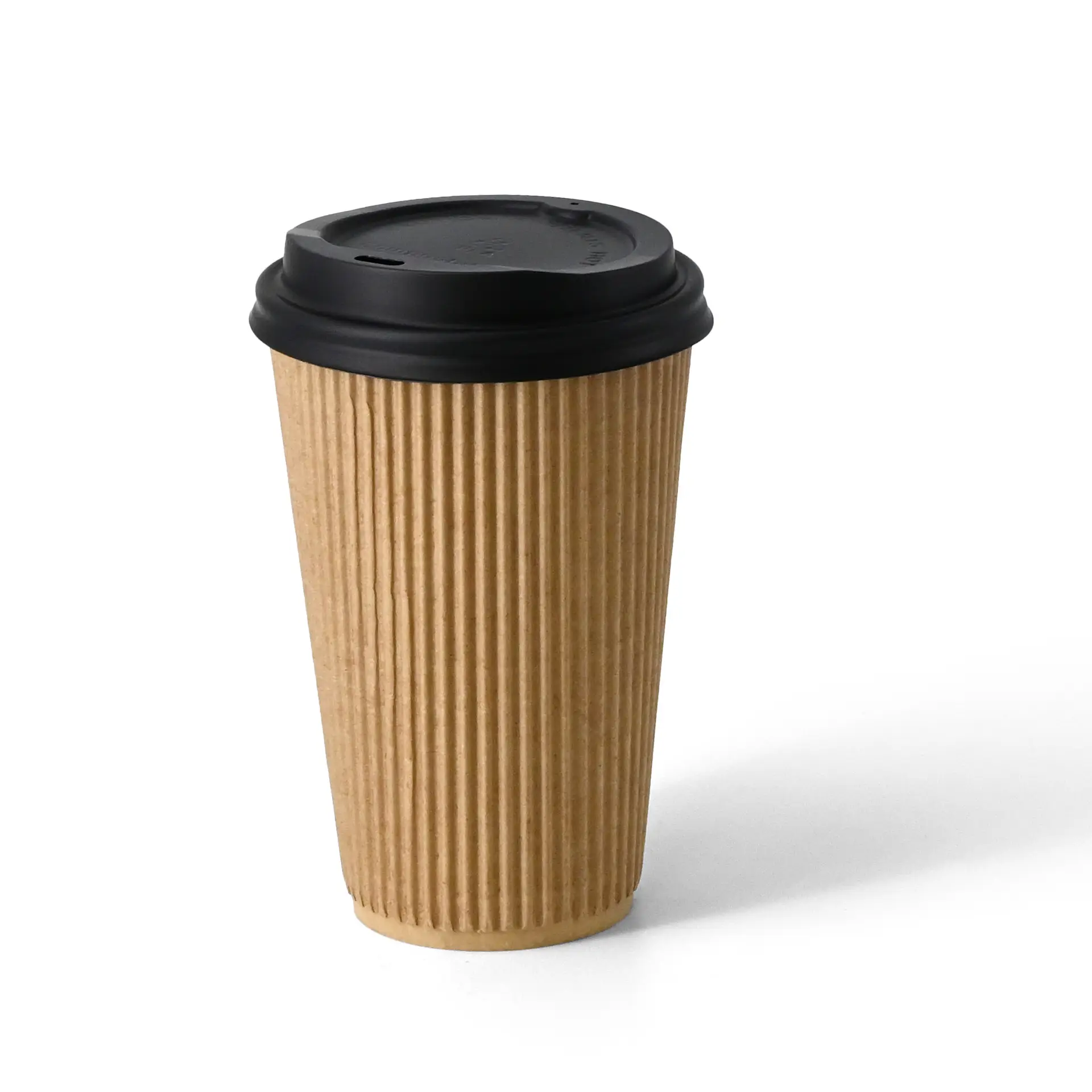 Brown insulated coffee cup with black lid, made from triple-walled paperboard, suitable for hot drinks.