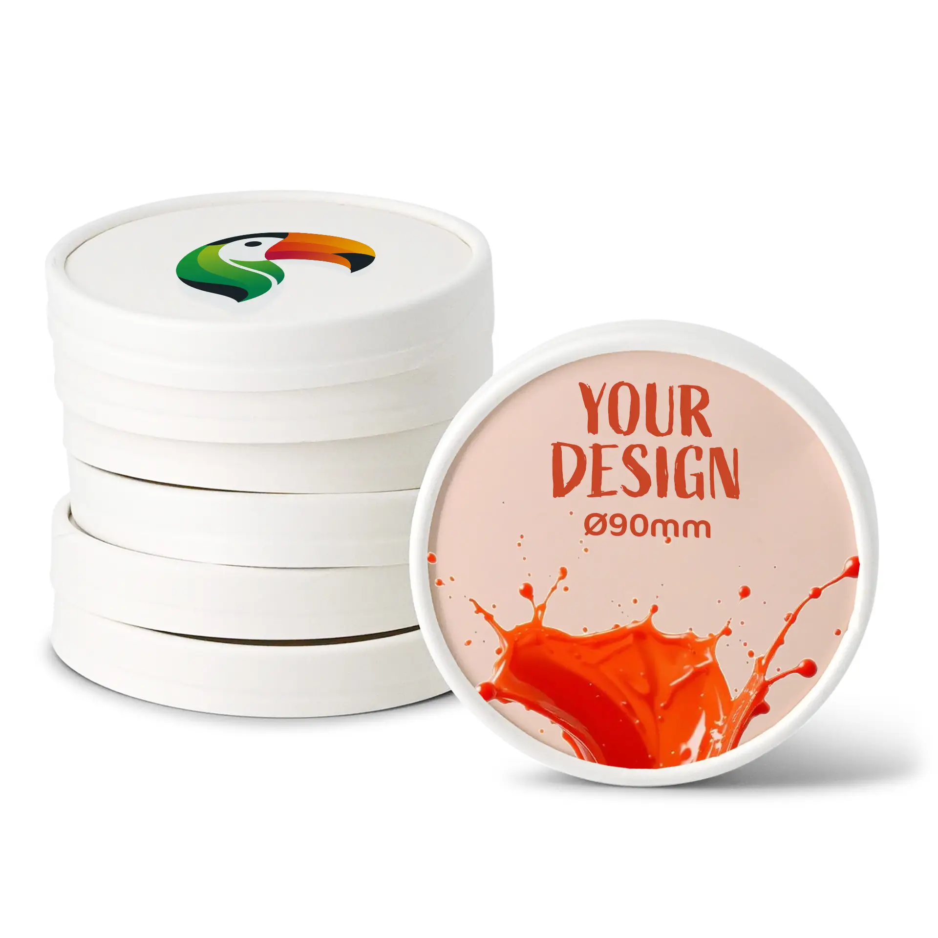 White cardboard lids for ice cream cups, including a printed toucan logo and a design with red splash effect.