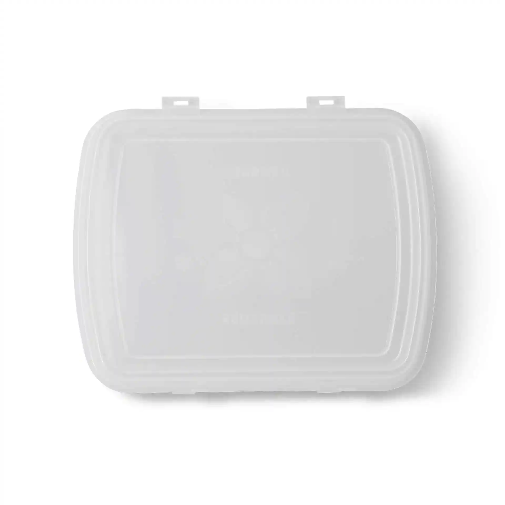 Transparent reusable box lid with a rectangular shape, measuring 24.5 x 20 x 4.5 cm, made of PP plastic.