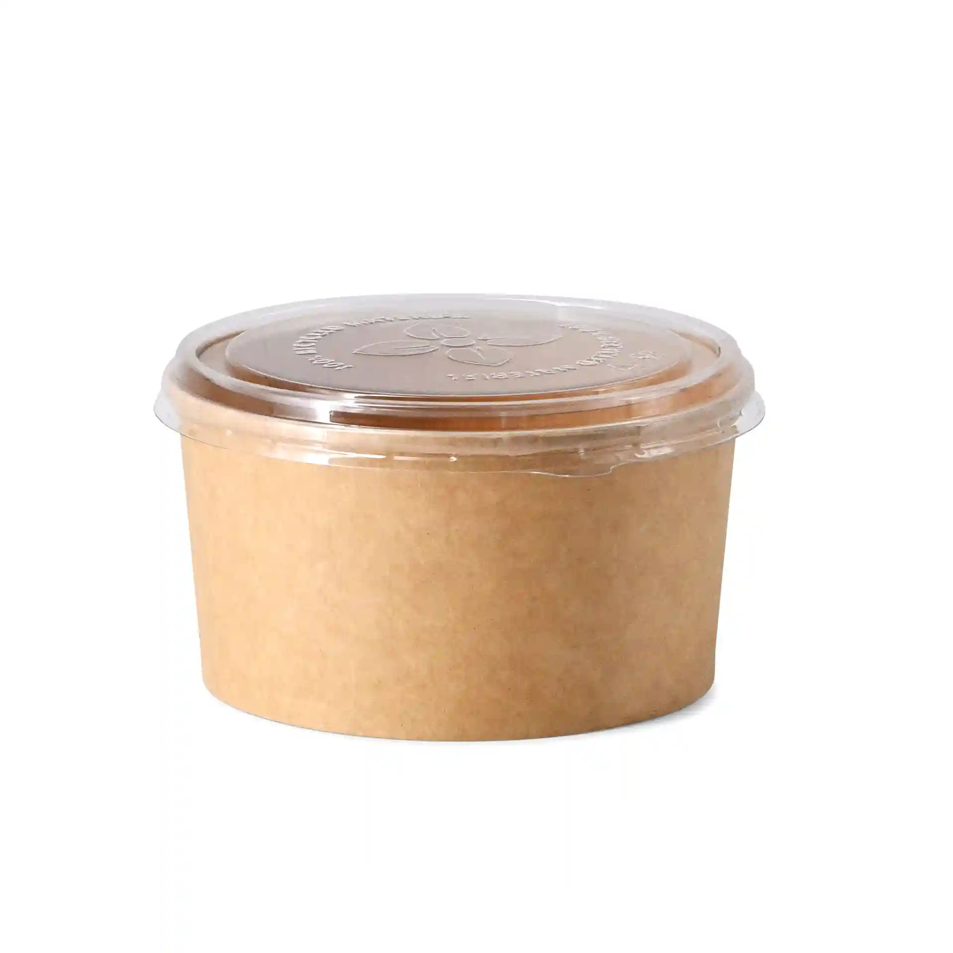 Round cup with a brown paper body and a transparent lid, designed for food storage.