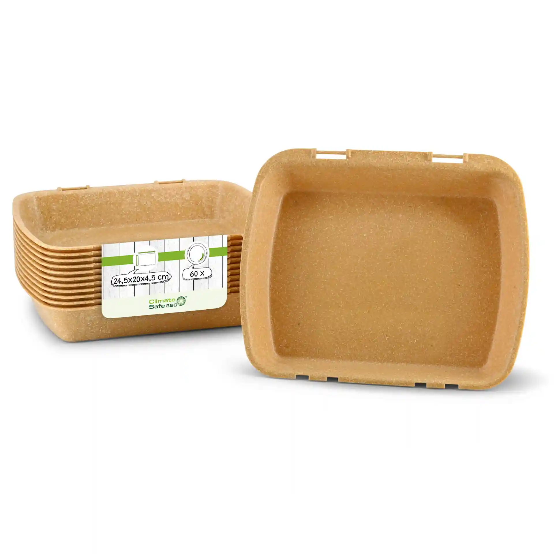 Rectangular brown reusable menu containers stacked, with one container showing a label and dimensions of 24.5 x 20 x 4.5 cm.