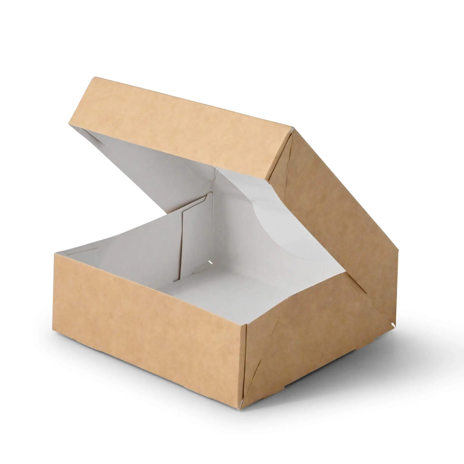 Brown cardboard box with a white interior, open at an angle, measuring 12 x 12 x 4 cm.