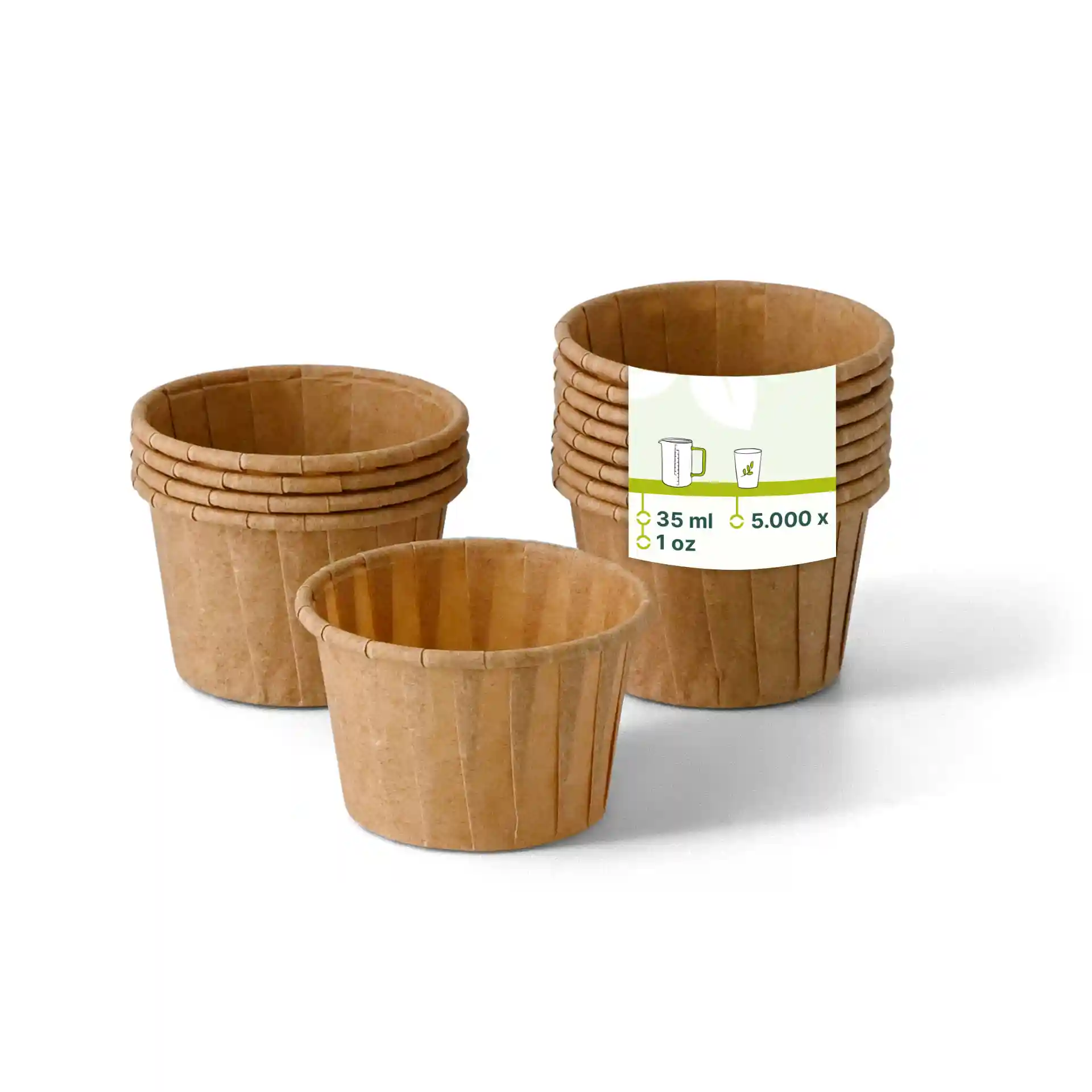 Brown paper cups with a height of 30 mm and a diameter of 48 mm, stacked with one cup in front.