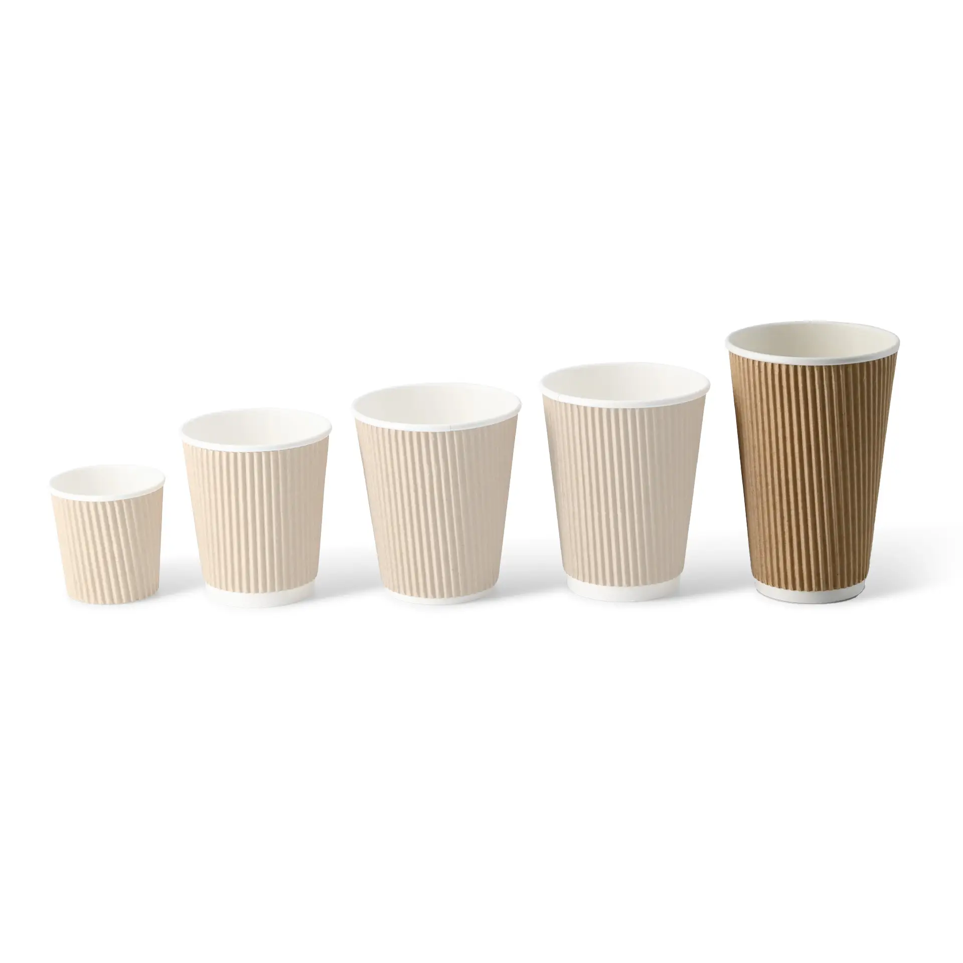 Image of five ribbed cups in varying sizes, featuring beige and brown colors, on a plain background.