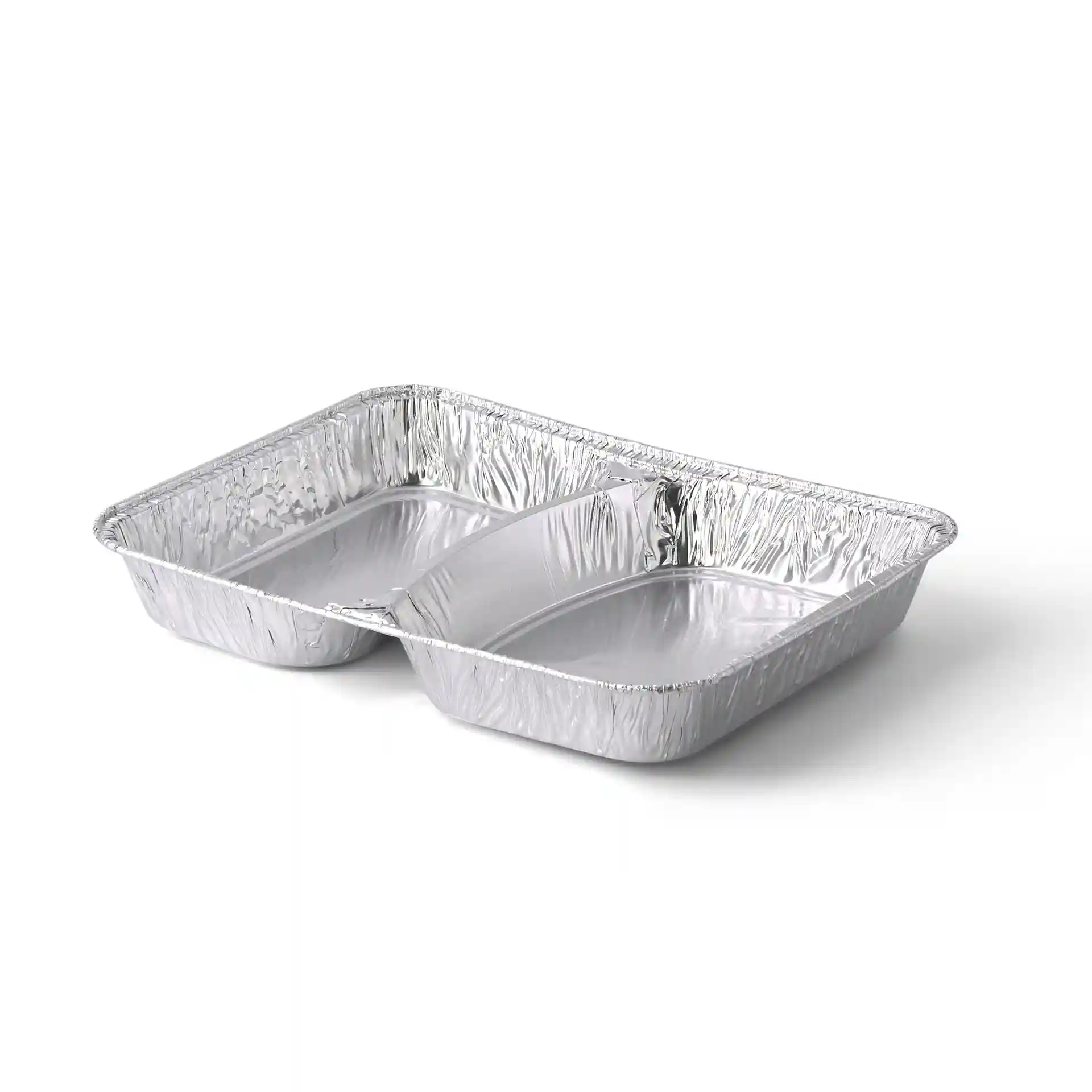 Aluminium meal tray with two compartments, rectangular shape, measuring 22.7 x 17.7 x 3 cm.