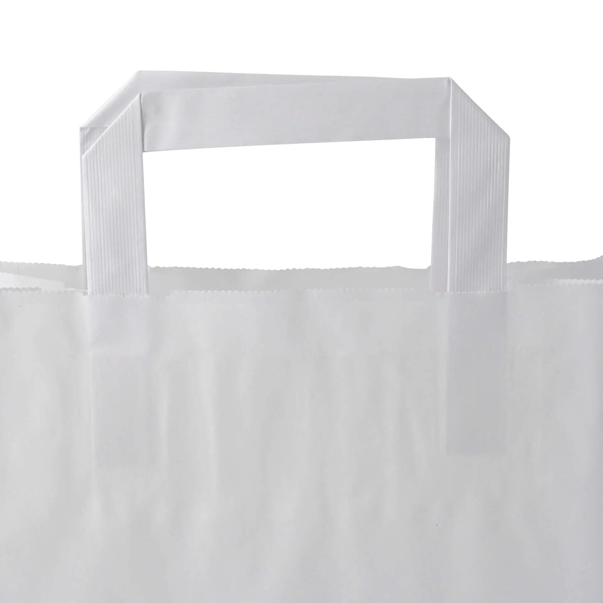 White paper carrier bag with a flat handle; designed for shopping and grocery use, measuring 22 x 10 x 28 cm.