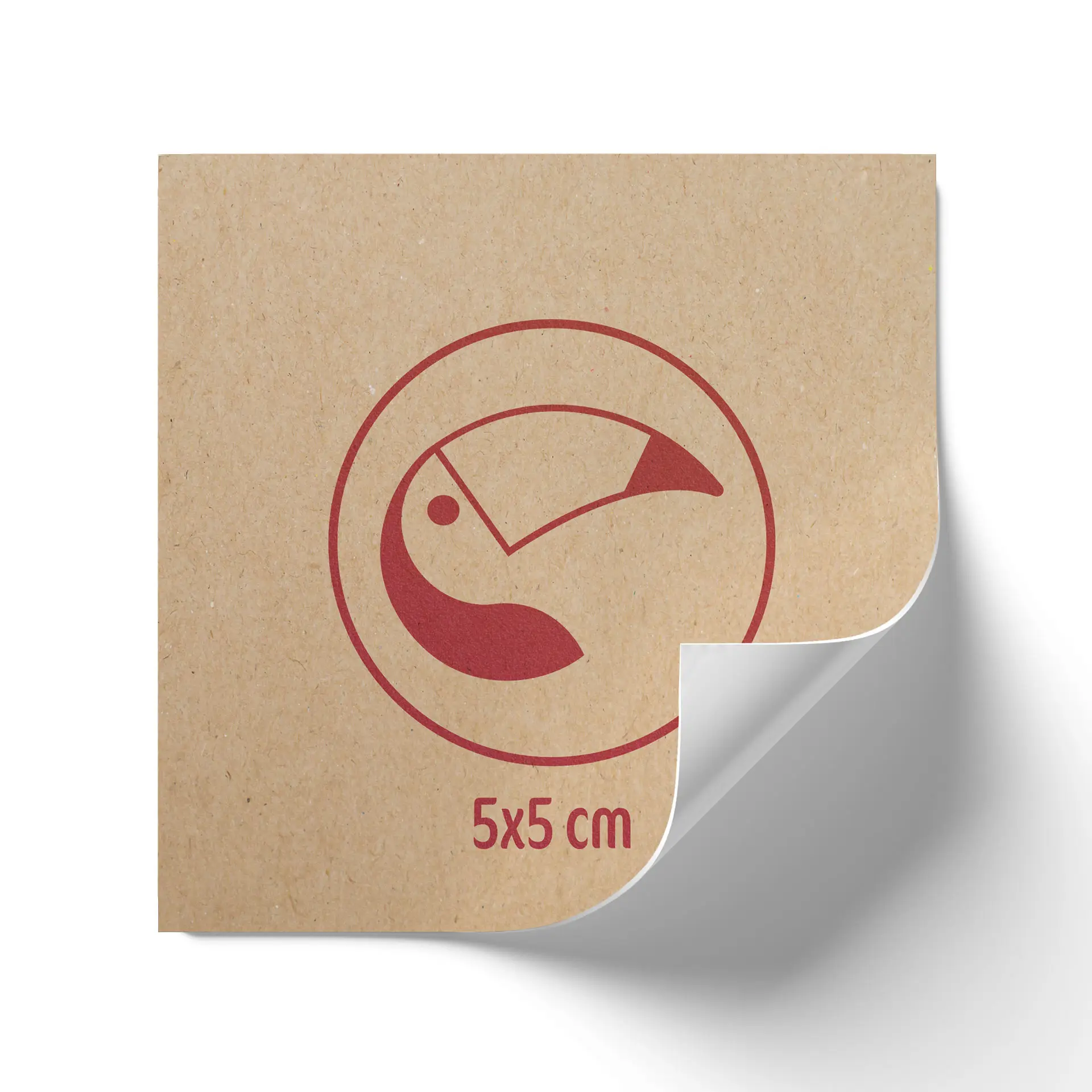 Custom printed label roll on brown kraft paper, square, 5x5 cm, featuring a design with a bird symbol.