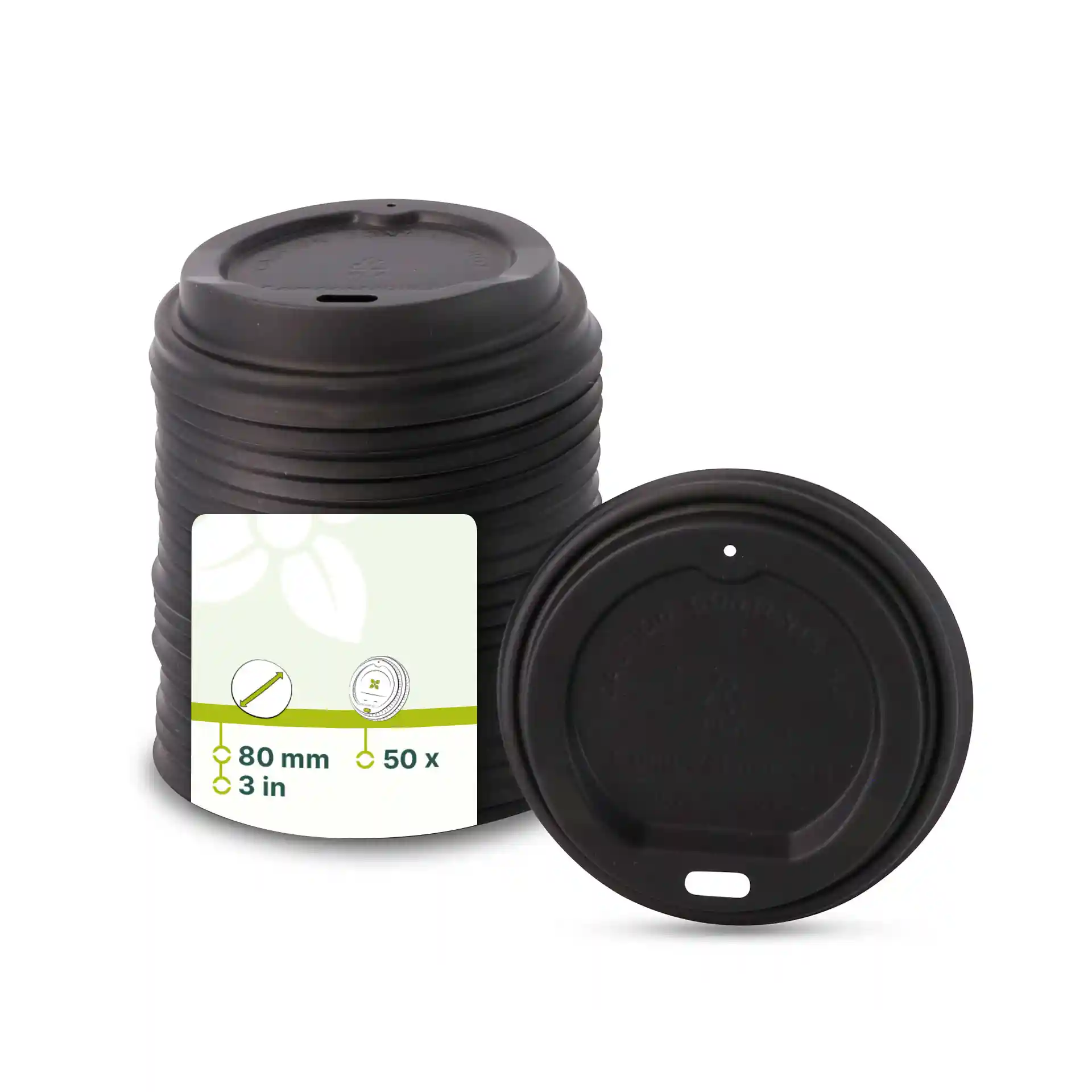 Black CPLA lid with a drinking hole, 80 mm diameter, stacked with a visible label showing product details.