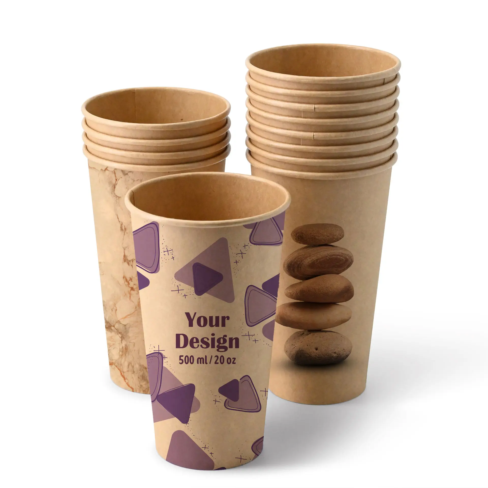 Paper cups with logo (single-wall), 500 ml / 20 oz, brown, water-based coating