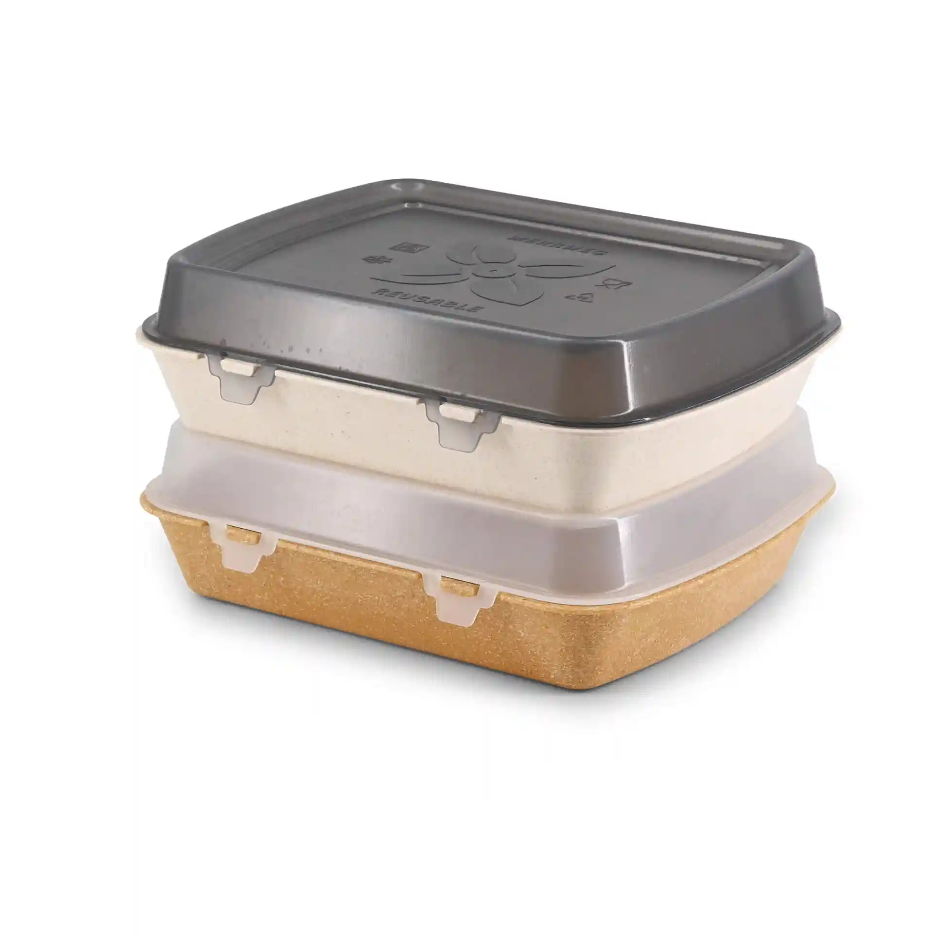 Stacked reusable menu containers in cashew and creamy white, rectangular shape with lids. Dimensions: 24.5 x 20 x 4.5 cm.