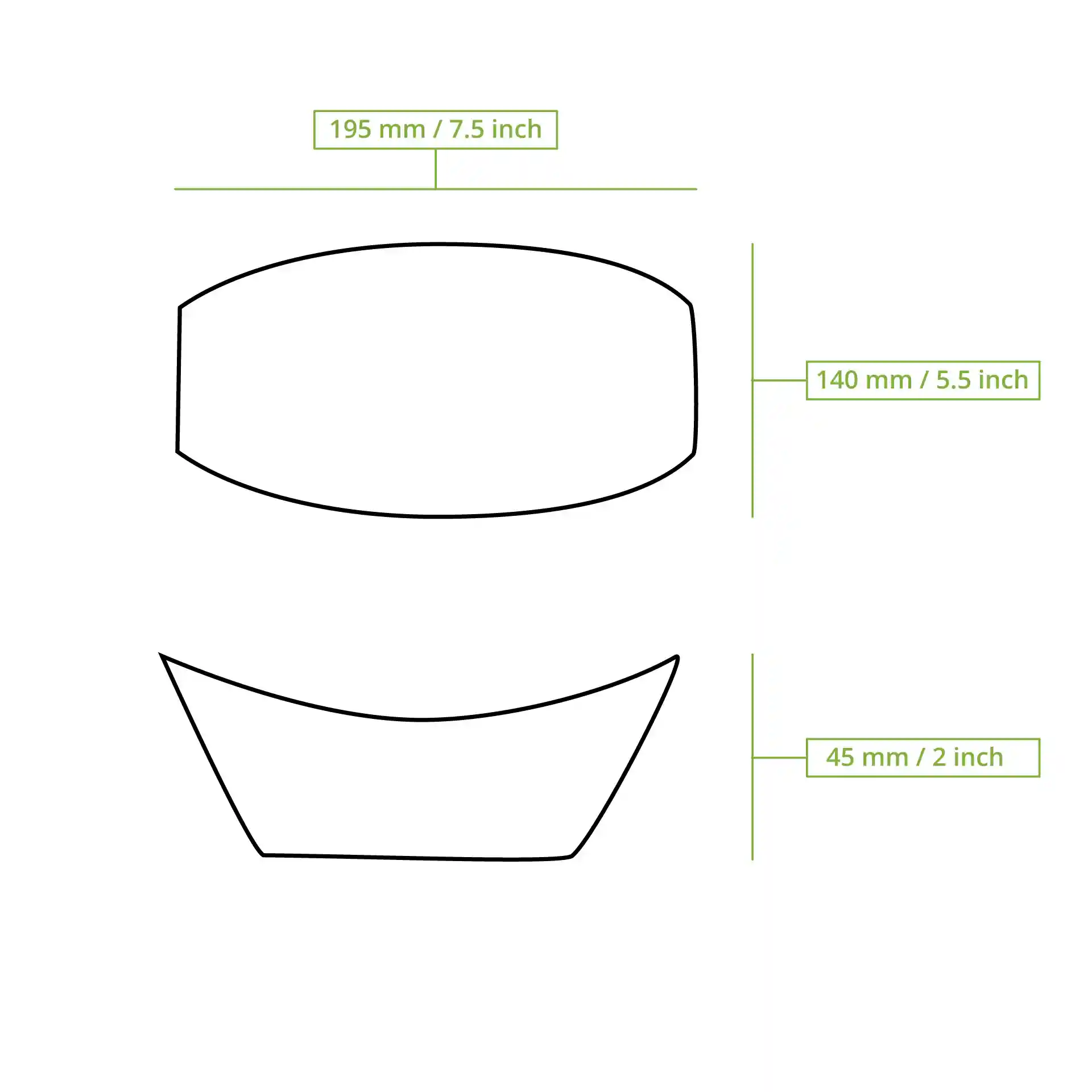 Schematic drawing of a cardboard snack tray with dimensions labeled: 195 mm length, 140 mm width, and 45 mm height.