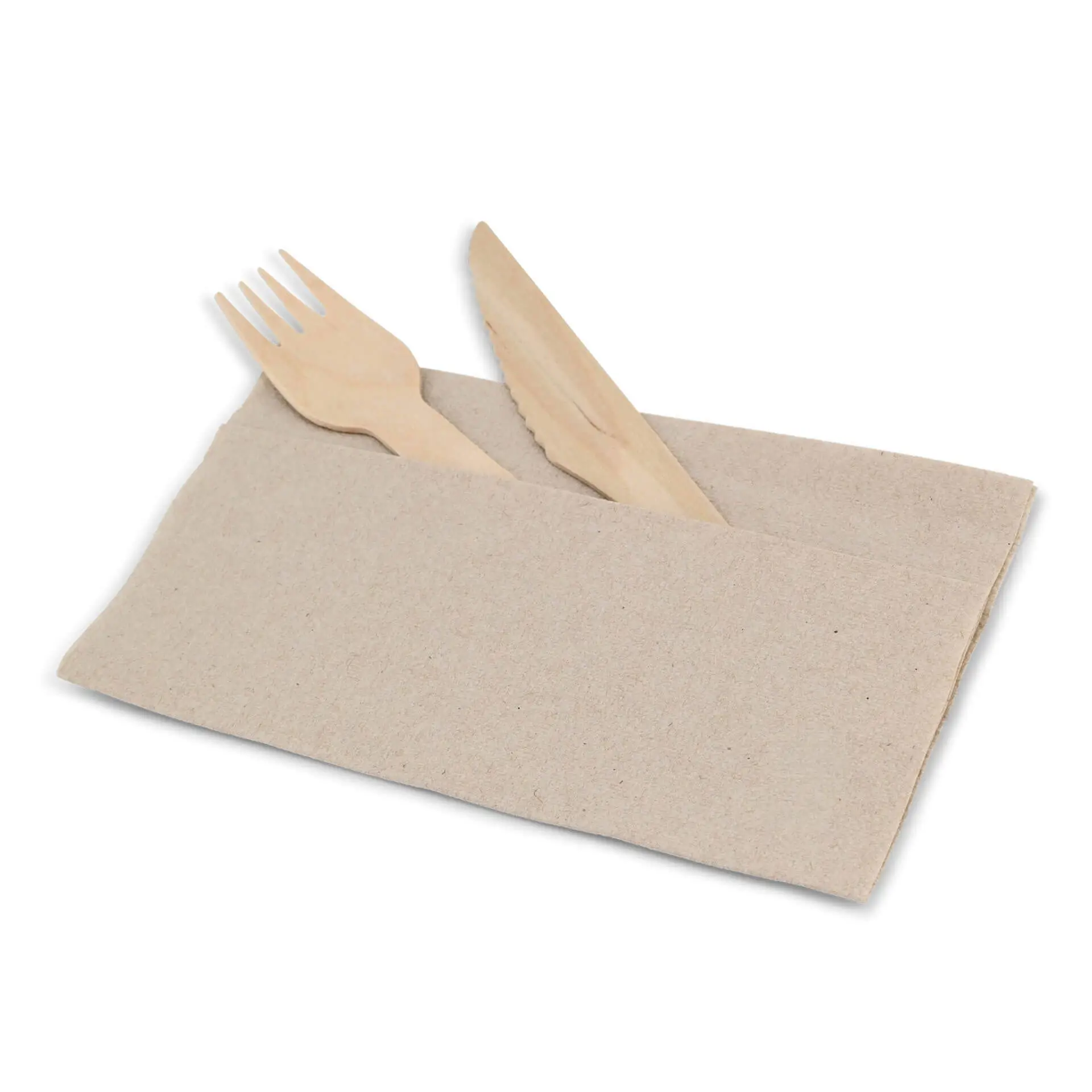 Cutlery set in unbleached paper holder with a fork and knife, featuring a recycling symbol.