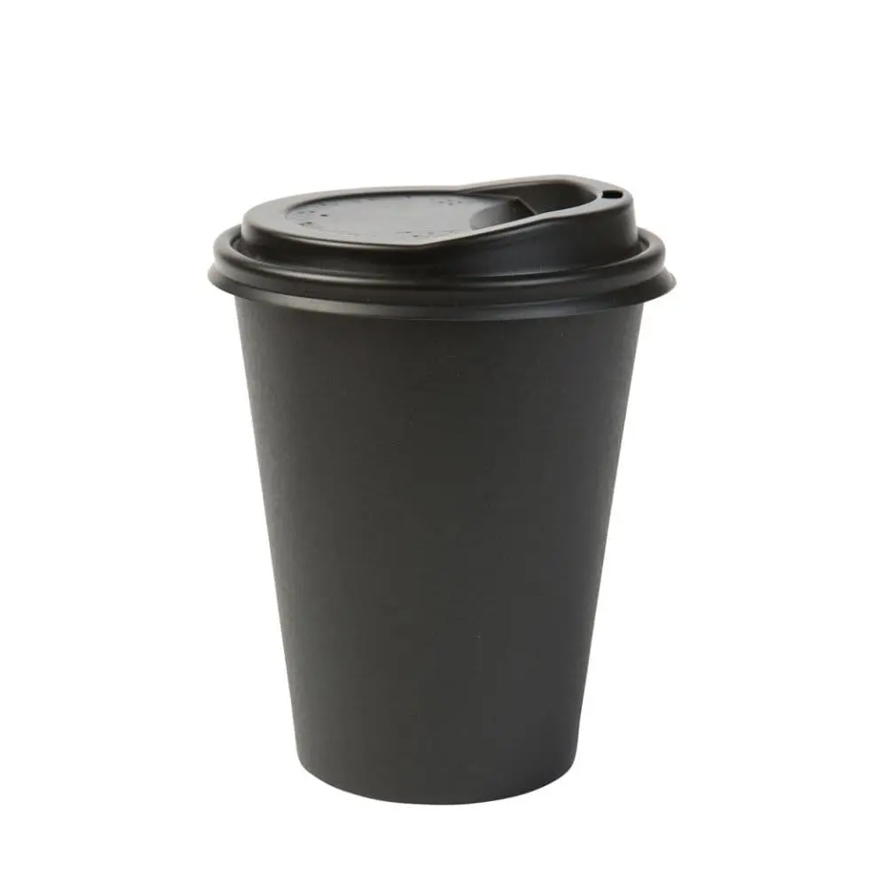 Single-wall black paper cup, 300 ml / 12 oz size, with a PLA coating for hot and cold drinks.