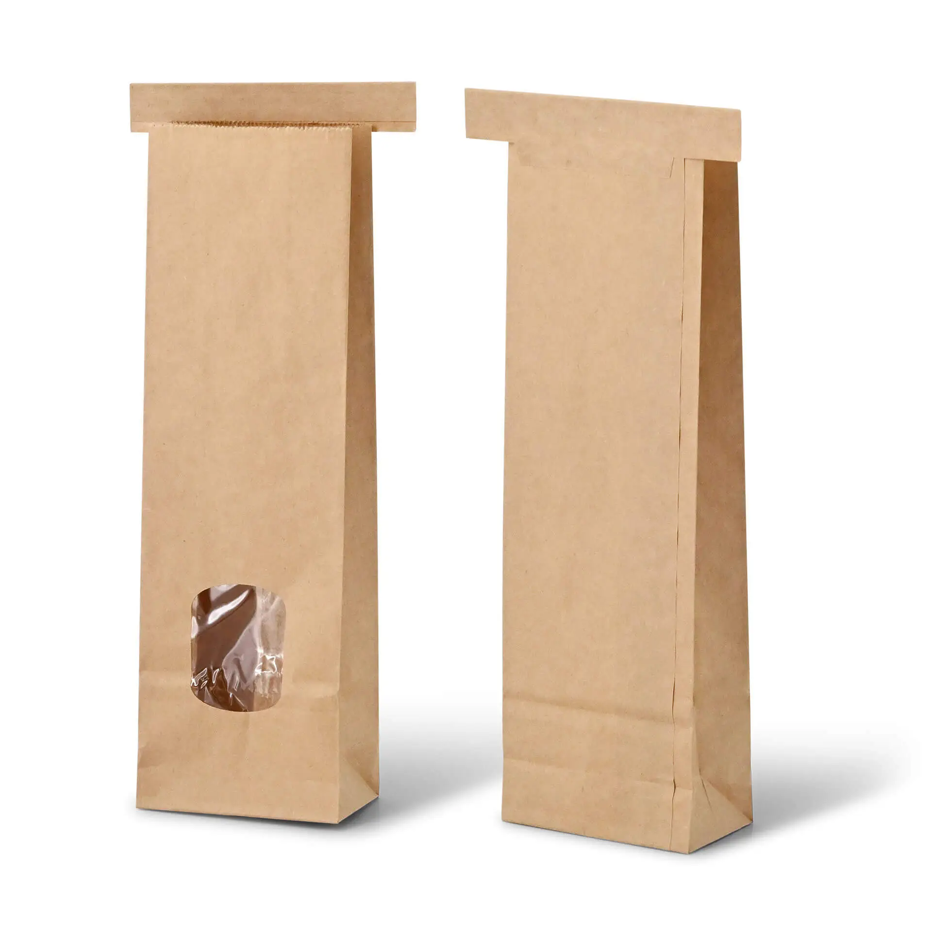 Block bottom bags with window XS, 7,5 x 4,5 x 24 cm, PP-foil, brown, tin tie, kraft paper