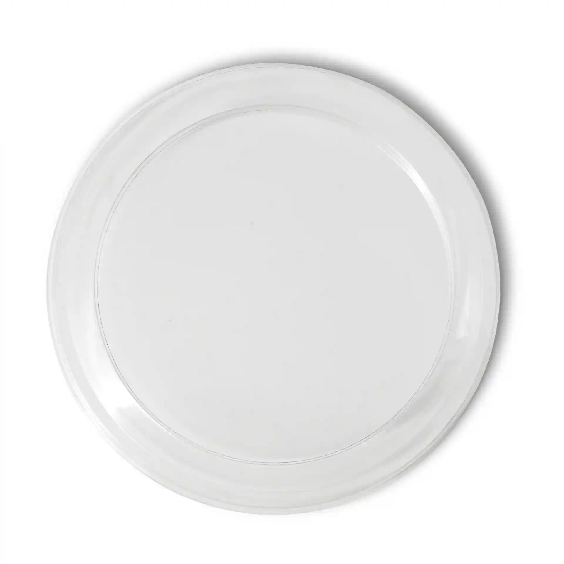 Transparent round rPET lid with a diameter of 123 mm and a height of 12 mm.