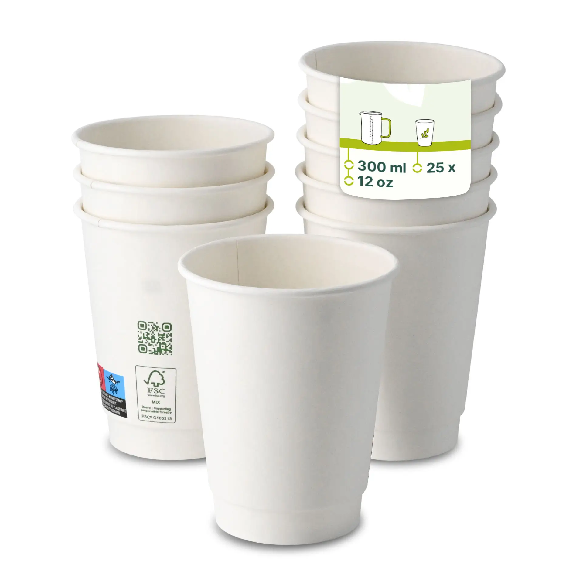One white double-wall coffee cup in focus; several similar cups behind with reduced opacity. PLA coated, suitable for hot and cold drinks.
