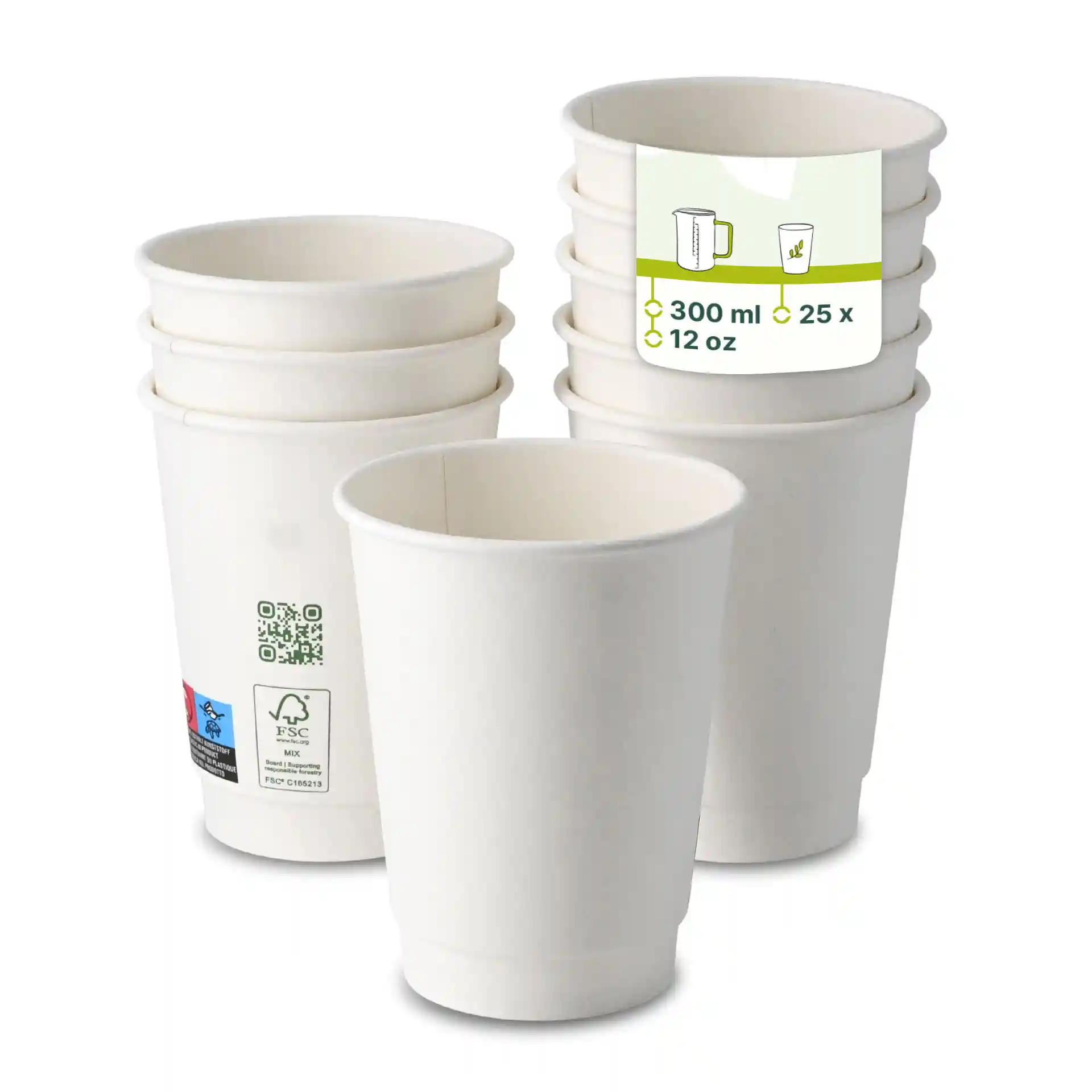 White double wall coffee cup, 300 ml, 12 oz, with several stacked cups and a label showing measurements.