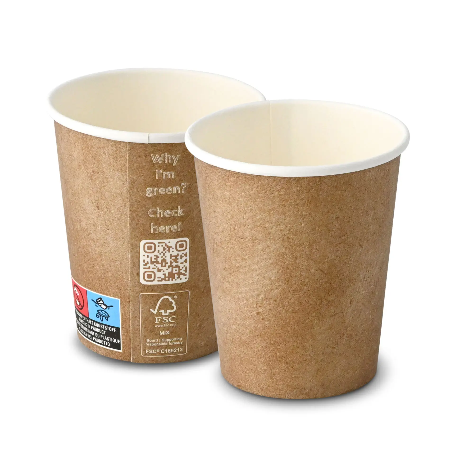 Paper cup 200 ml / 8 oz, Ø 80 mm, single wall, brown / inner white, PLA-coated
