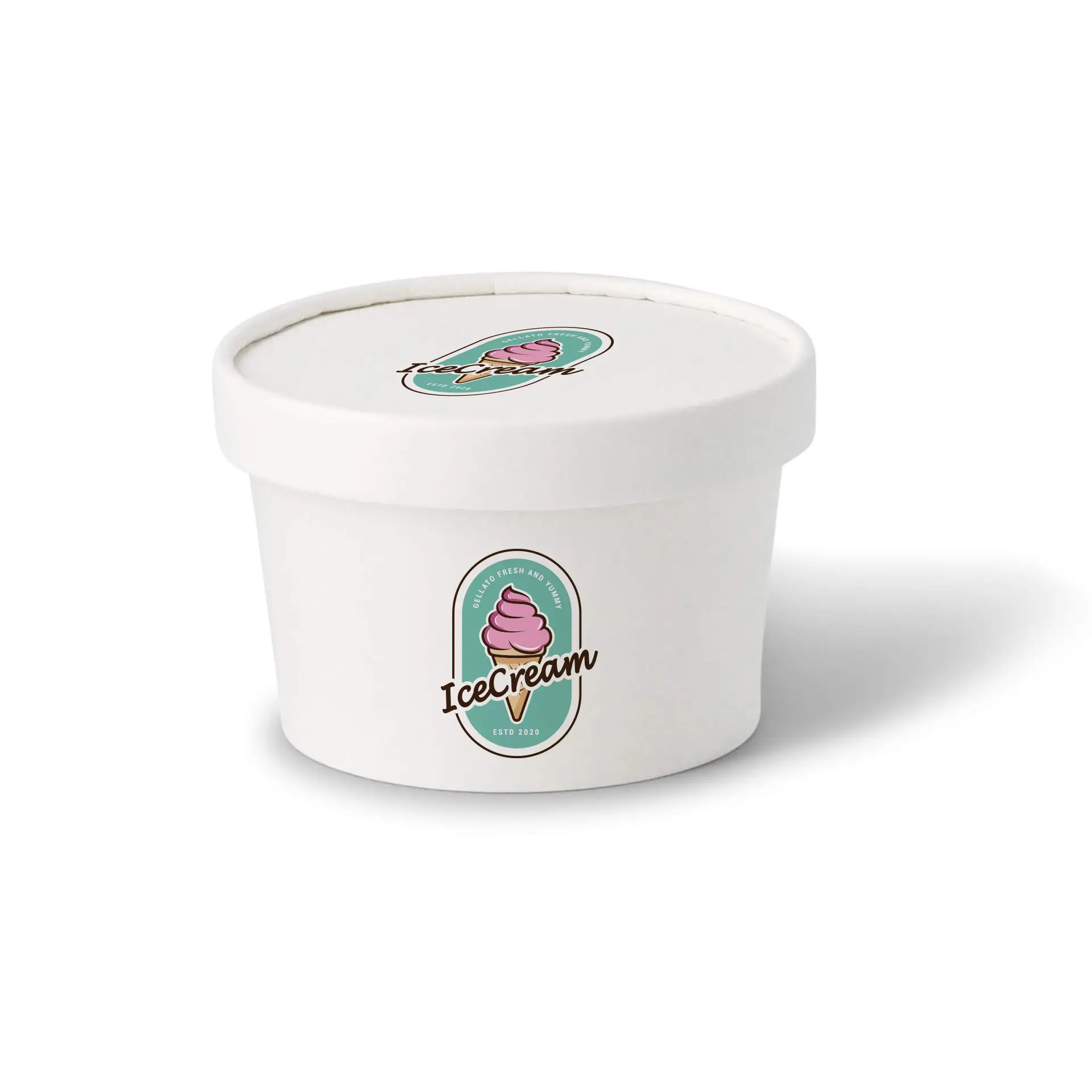 White cardboard ice cream cup lid with a printed logo and a pink ice cream cone design on top.