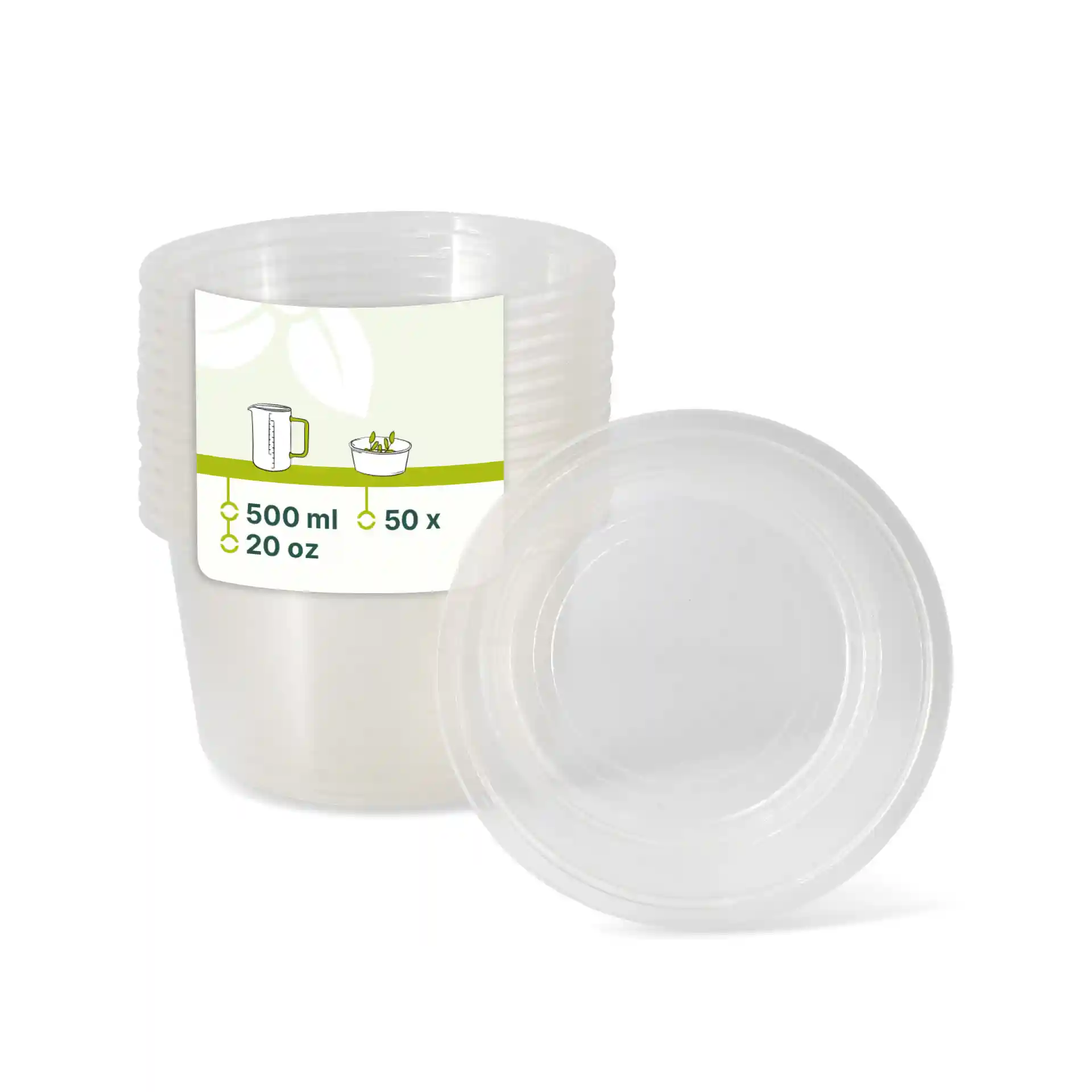 Transparent round deli container with a 500 ml capacity and a diameter of 121 mm, shown stacked with one on its side.