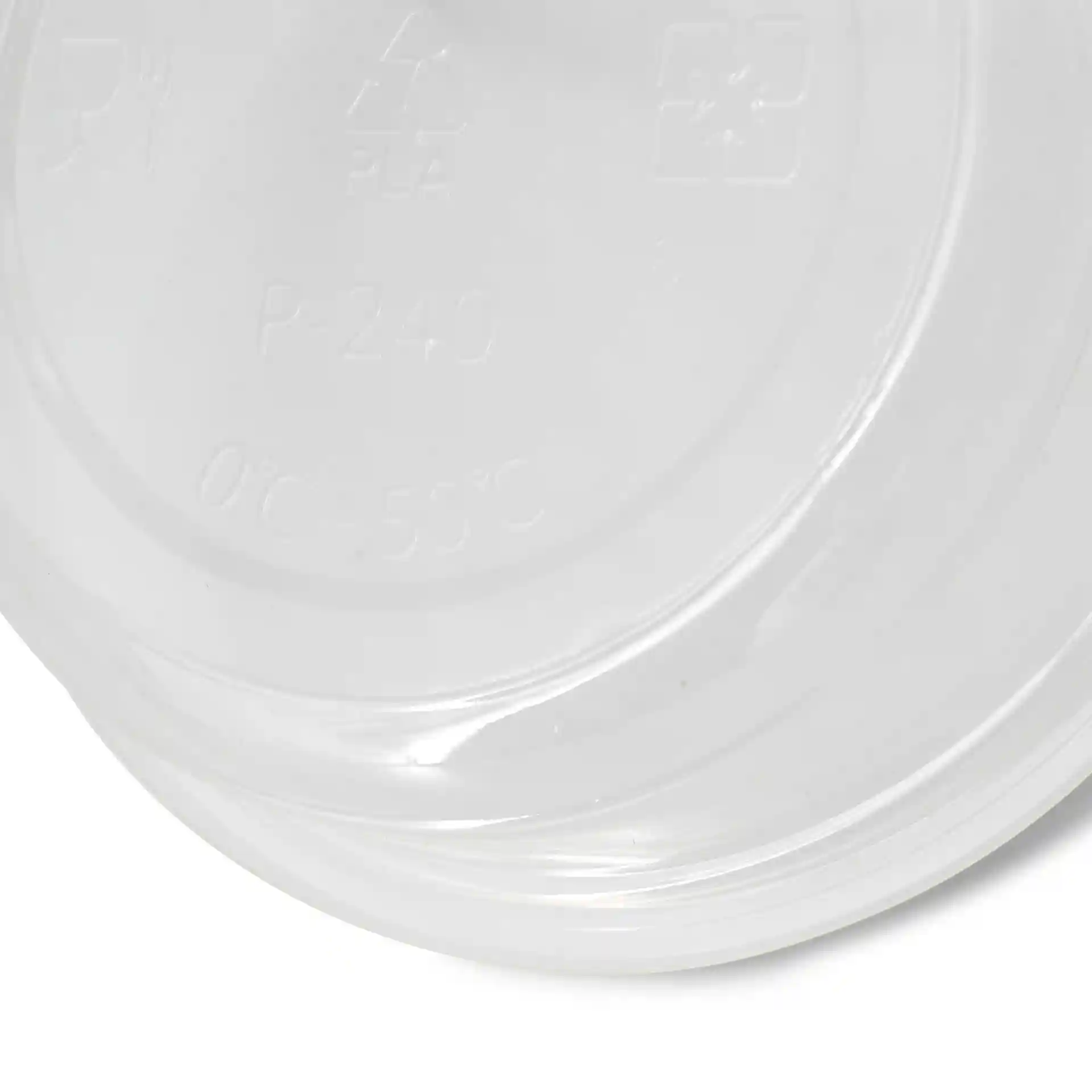 Transparent round deli container lid with markings, including recycling symbol and temperature range from 0°C to 50°C.