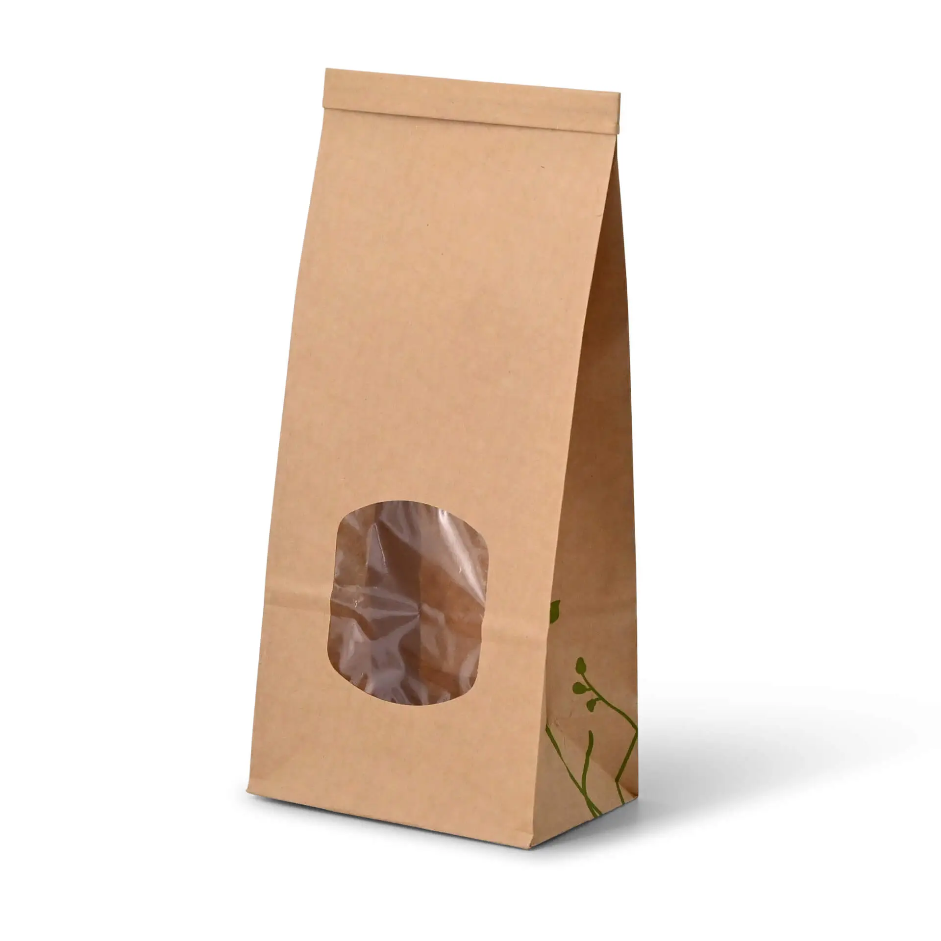 Block bottom bags with window M, 11.5 x 7.2 x 24.6 cm, PLA-foil, brown, tin tie, kraft paper