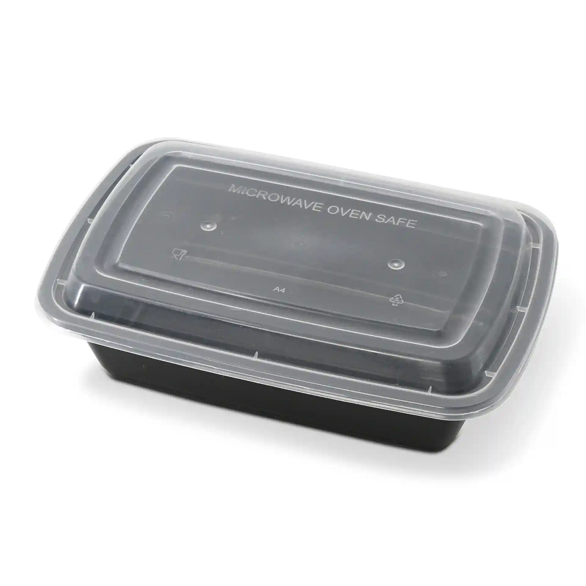 Rectangular black container with a transparent lid, labeled as microwave oven safe, measuring 222 mm by 150 mm.