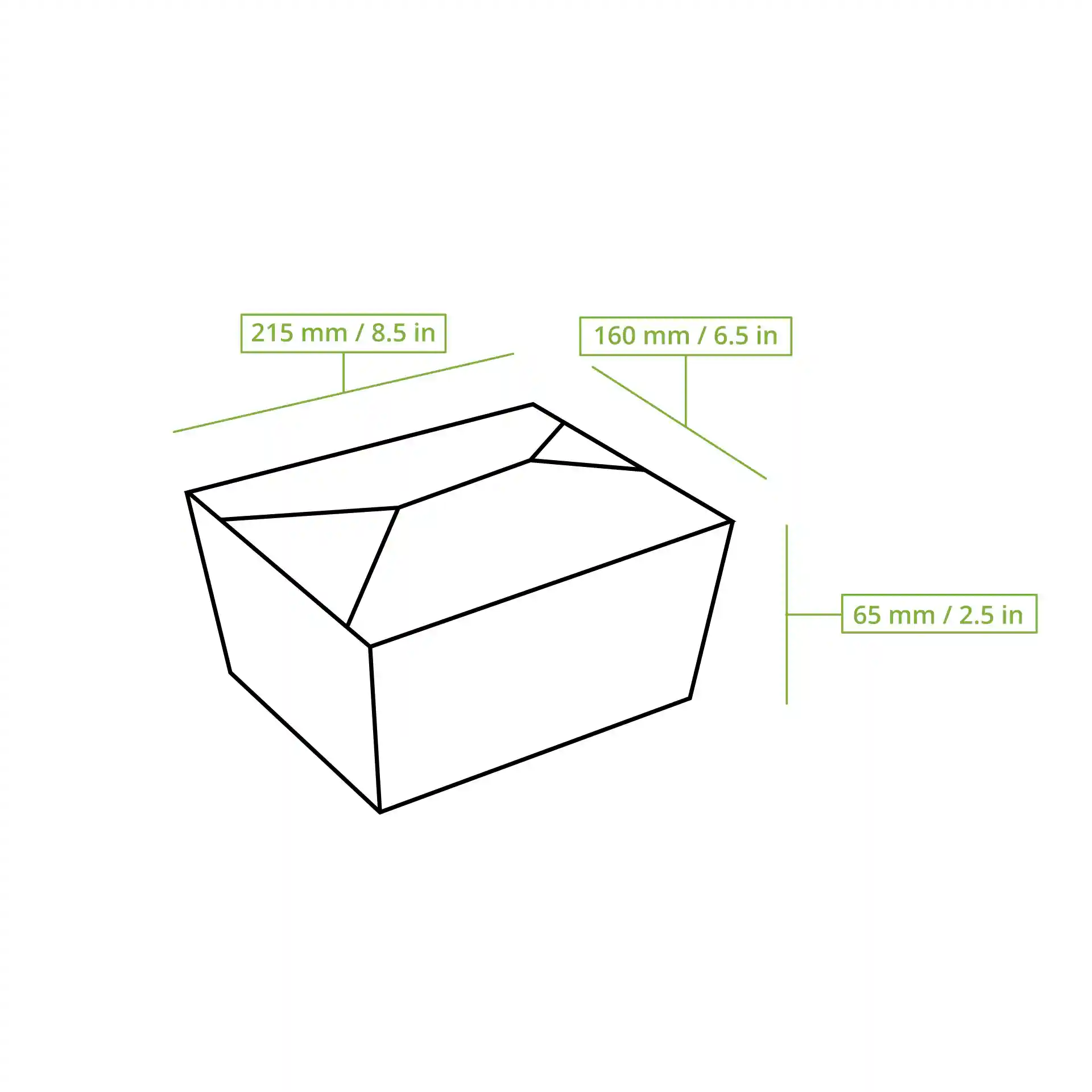 Schematic drawing of a rectangular takeaway container with dimension lines indicating 215 mm length, 160 mm width, and 65 mm height.
