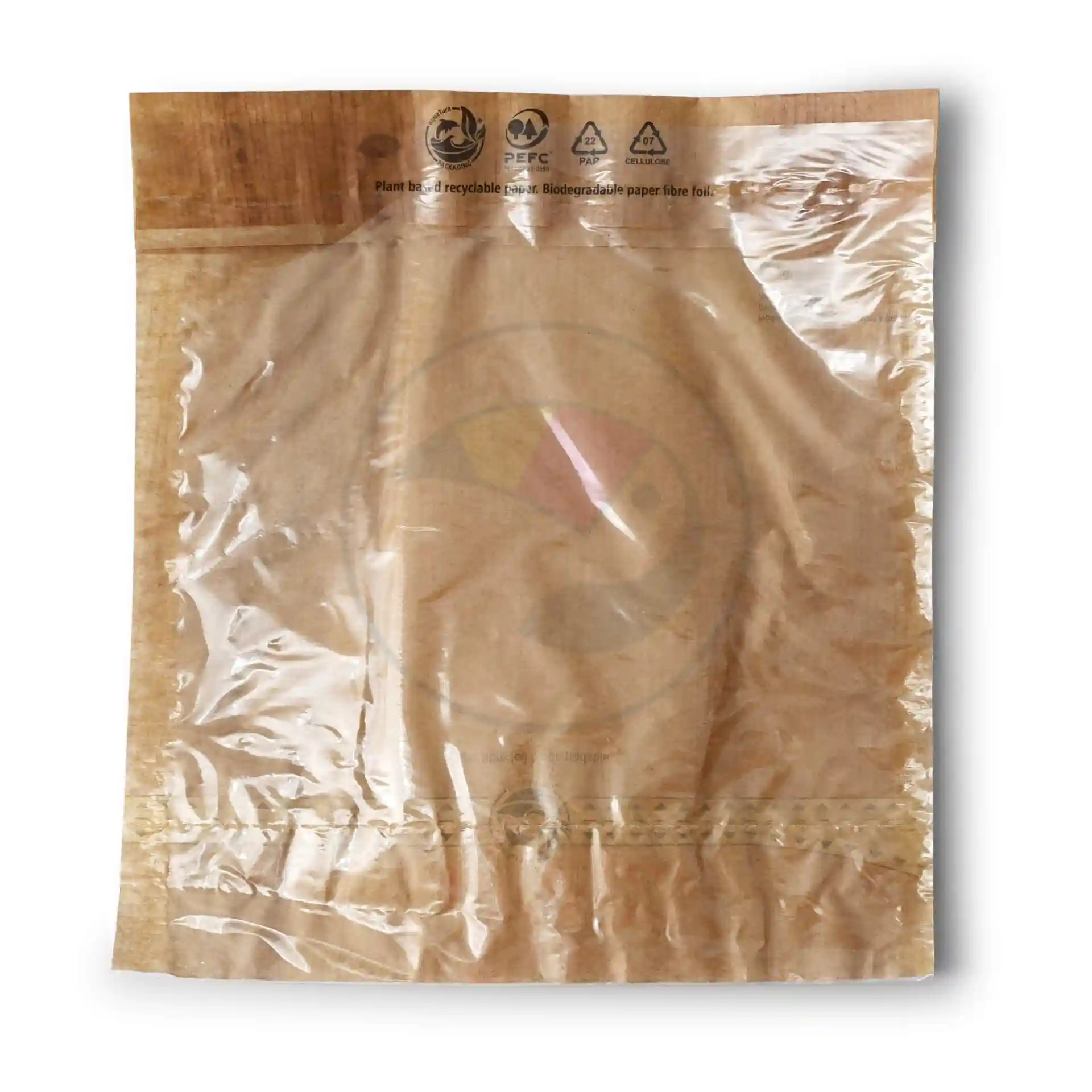 Transparent snack bag with a brown paper background, featuring a window and adhesive seal, measuring 17.5 x 20 cm.