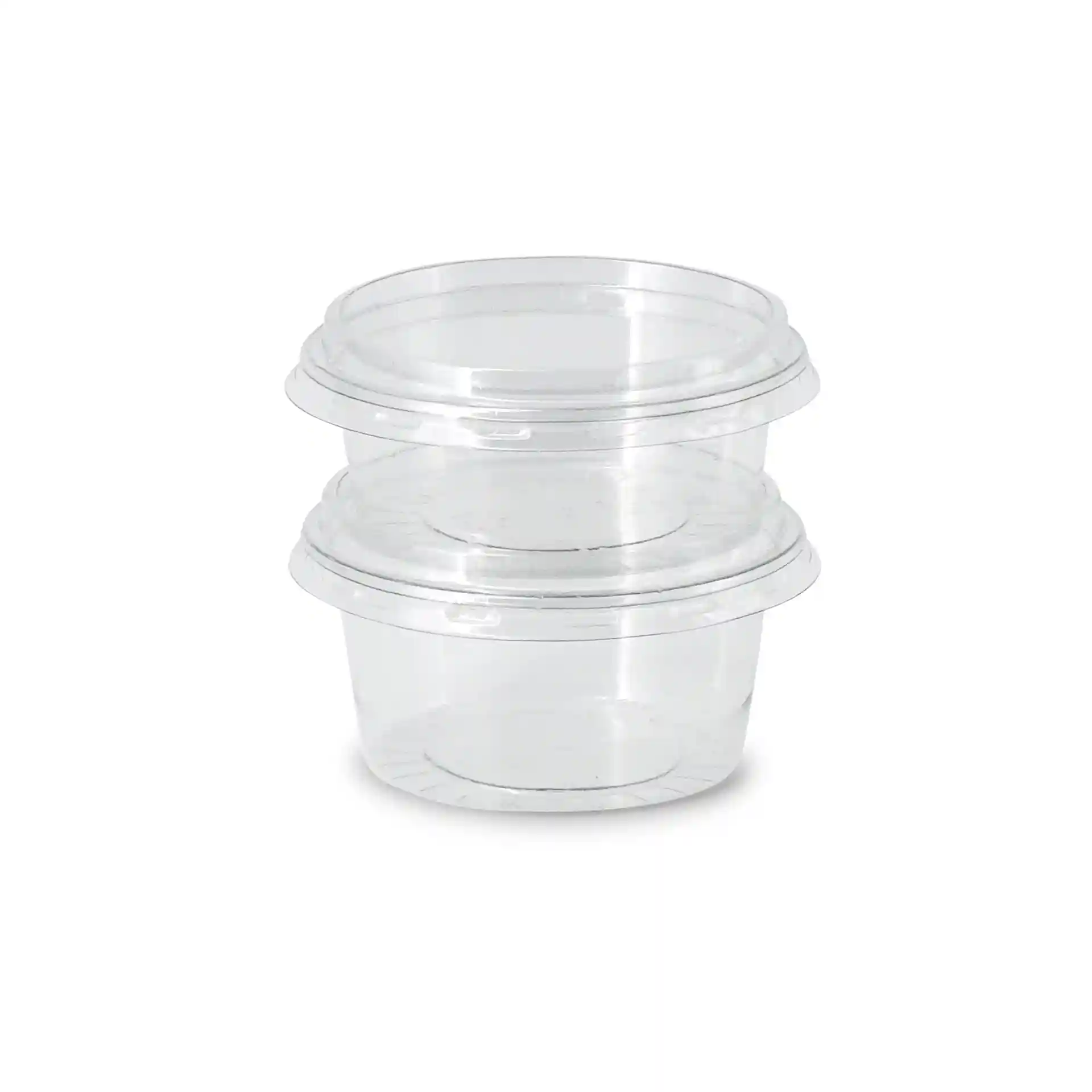 Clear round rPET dip pots stacked, each with a volume of 80 ml and a diameter of 75 mm.