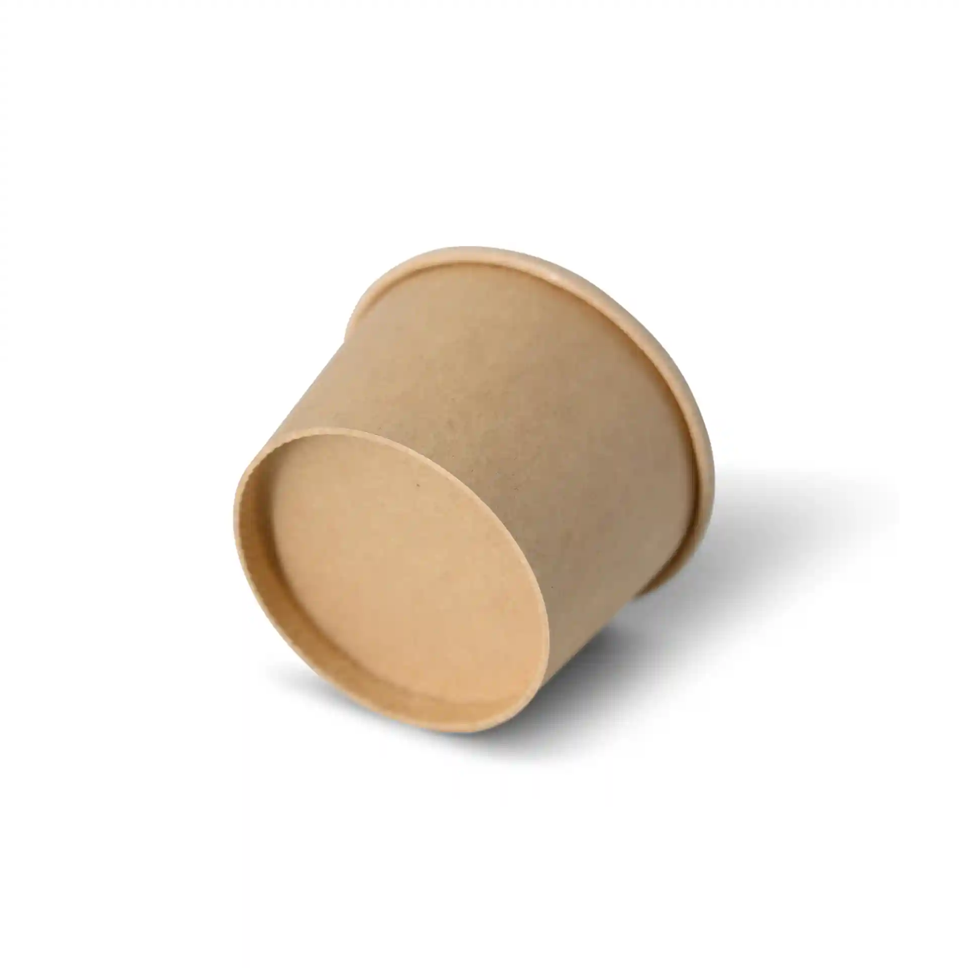 Brown round deli container made of cardboard, 40 ml capacity, with a diameter of 62 mm and height of 40 mm.