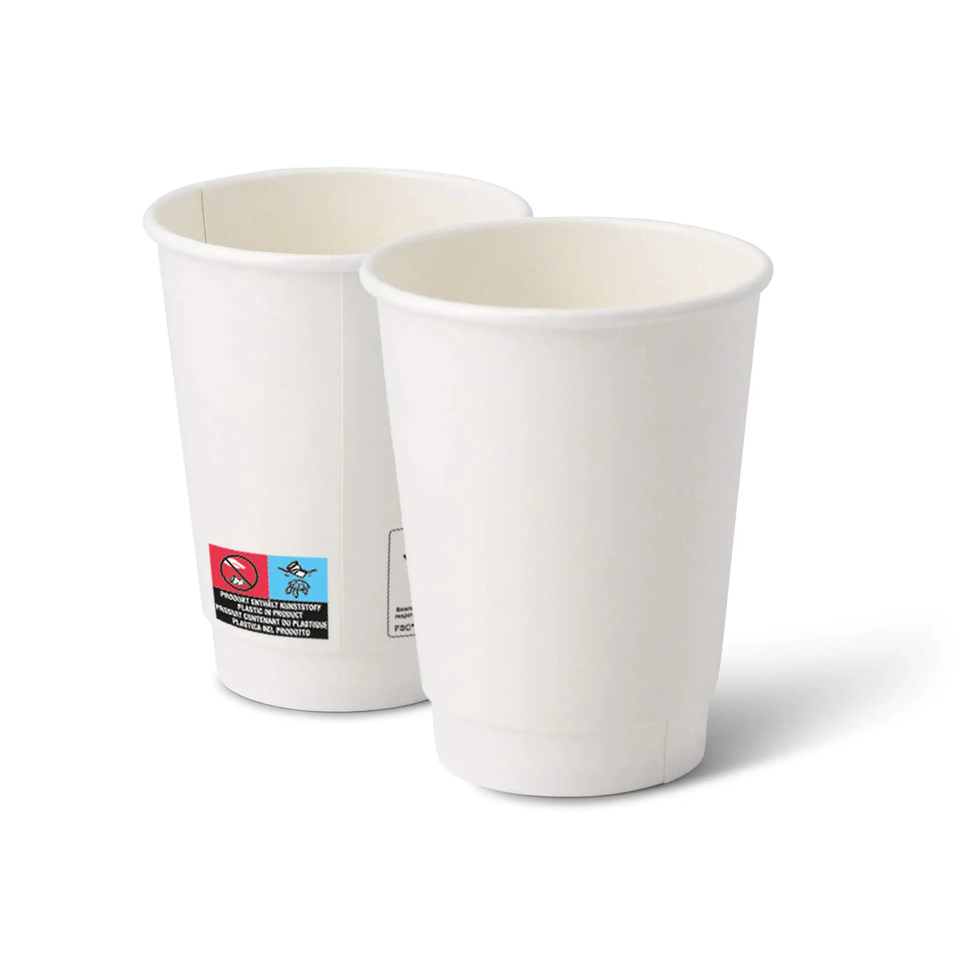Two double-walled, 12 oz take away coffee cups with a white interior; one cup is in focus with another cup in the background.
