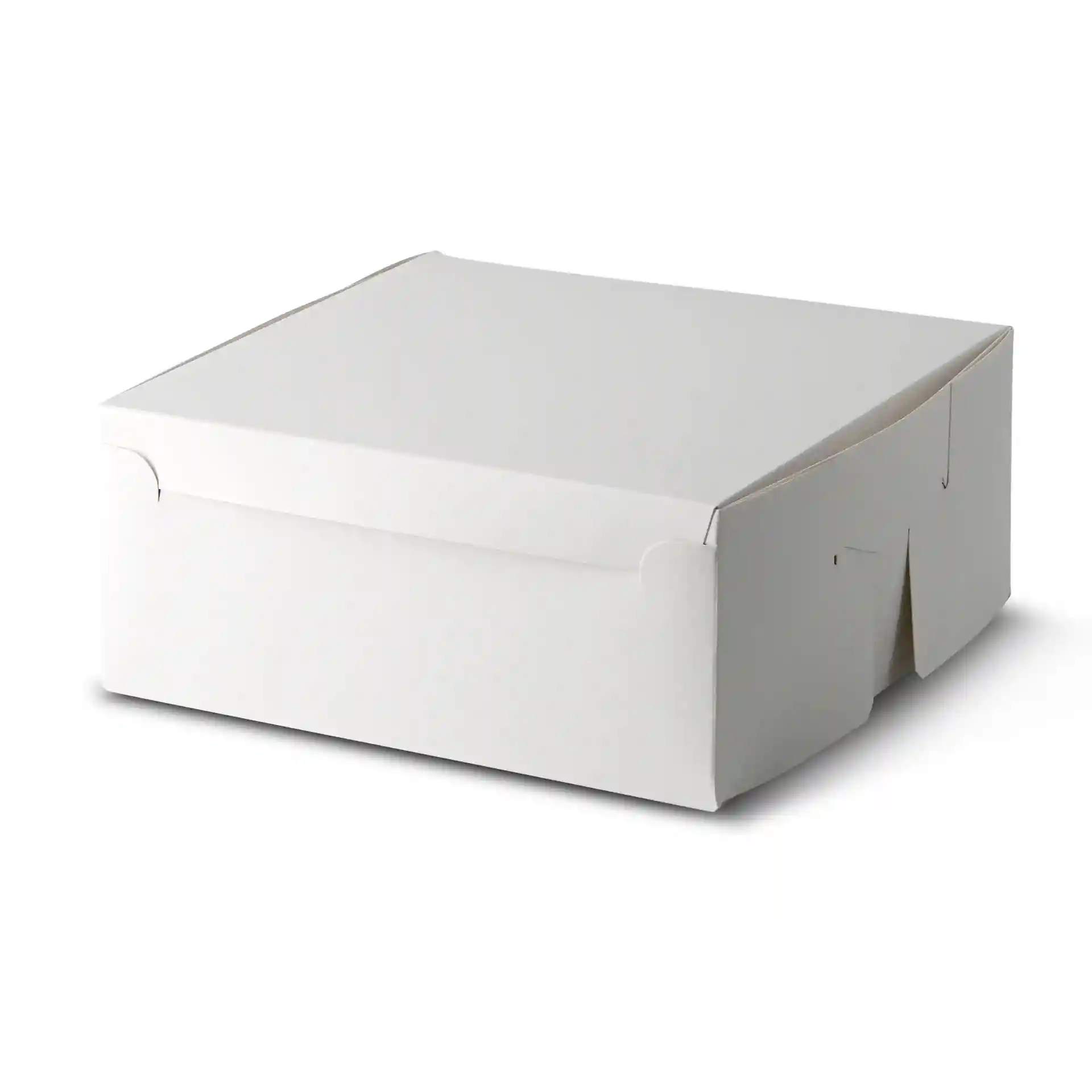 White cake box with a square shape, measuring 23 x 23 x 10 cm.
