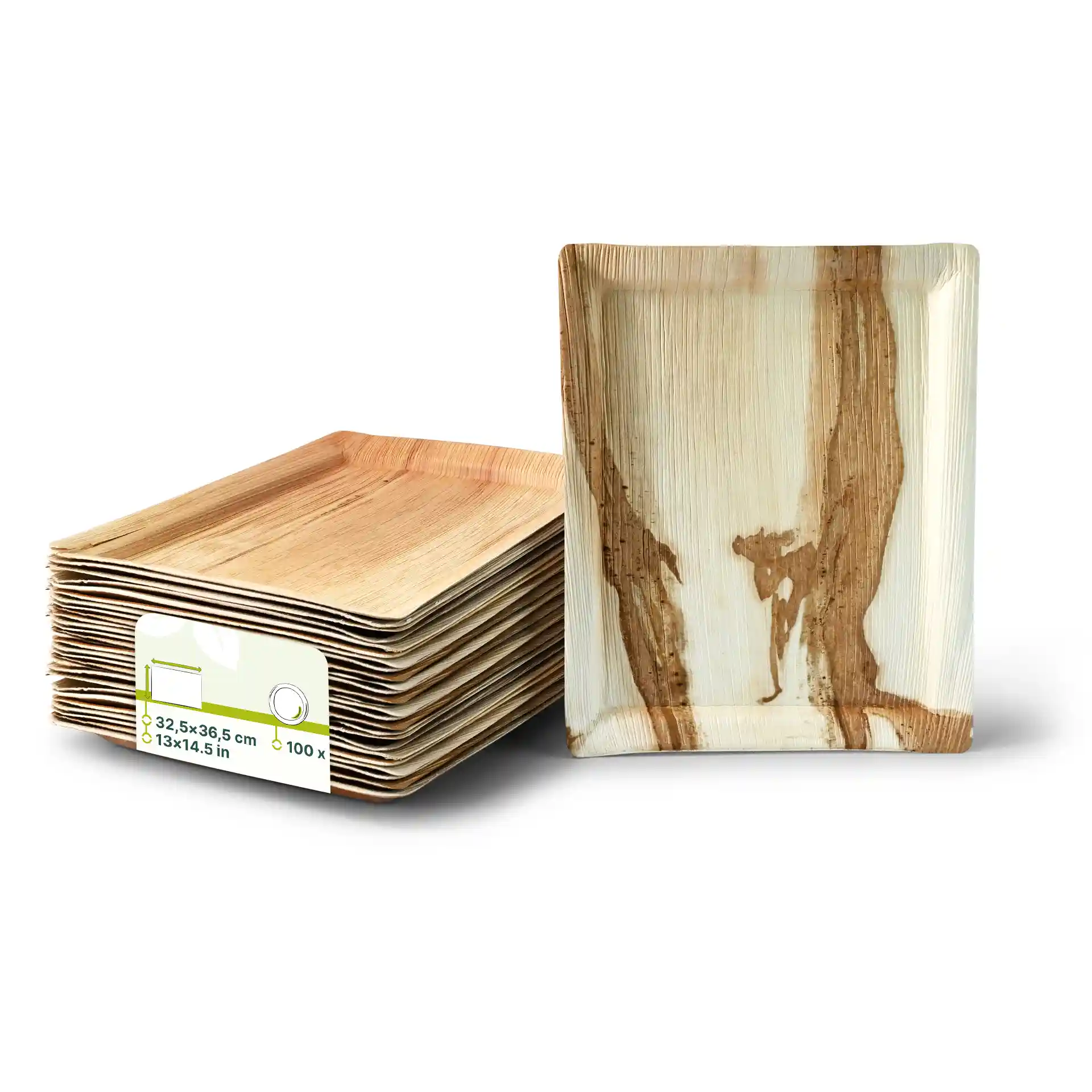 Rectangular palm leaf tray with a brown wood-like pattern, stacked with several similar trays behind it.