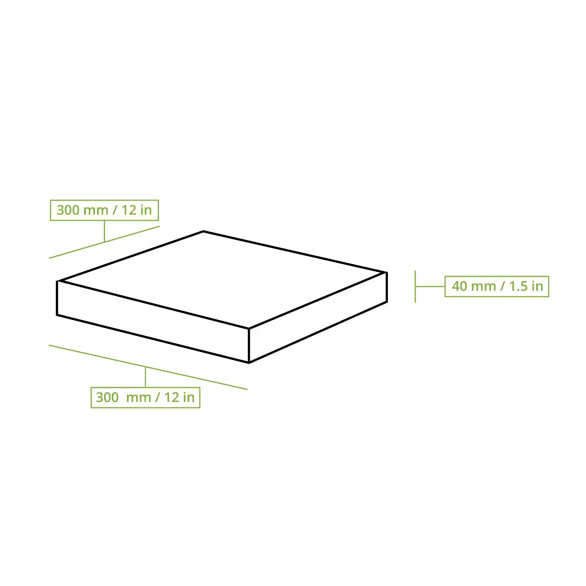 Schematic drawing of a pizza box with dimensions 300 mm x 300 mm x 40 mm labeled in millimeters and inches.