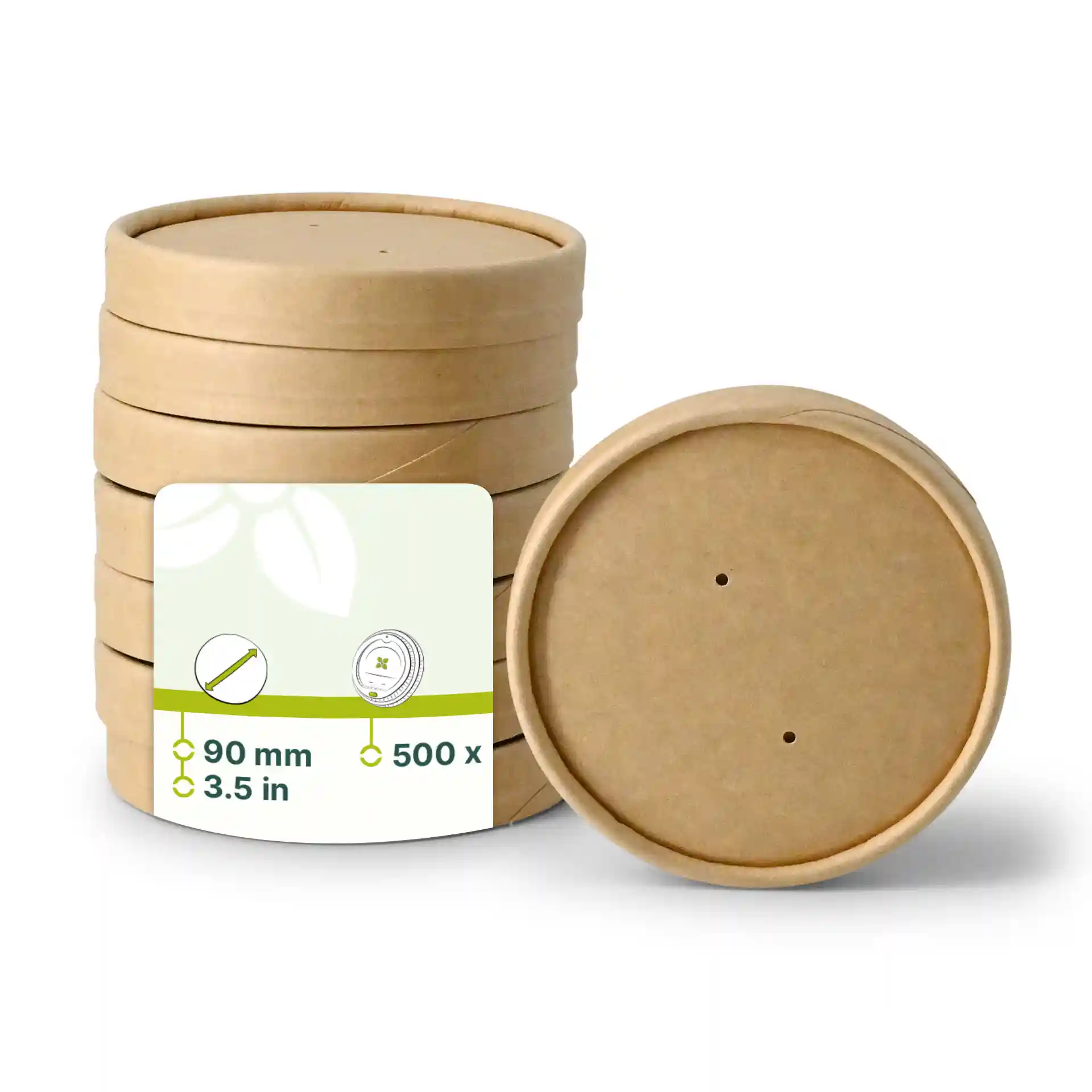 Round brown cardboard lids with a diameter of 90 mm, stacked with a label showing product details.