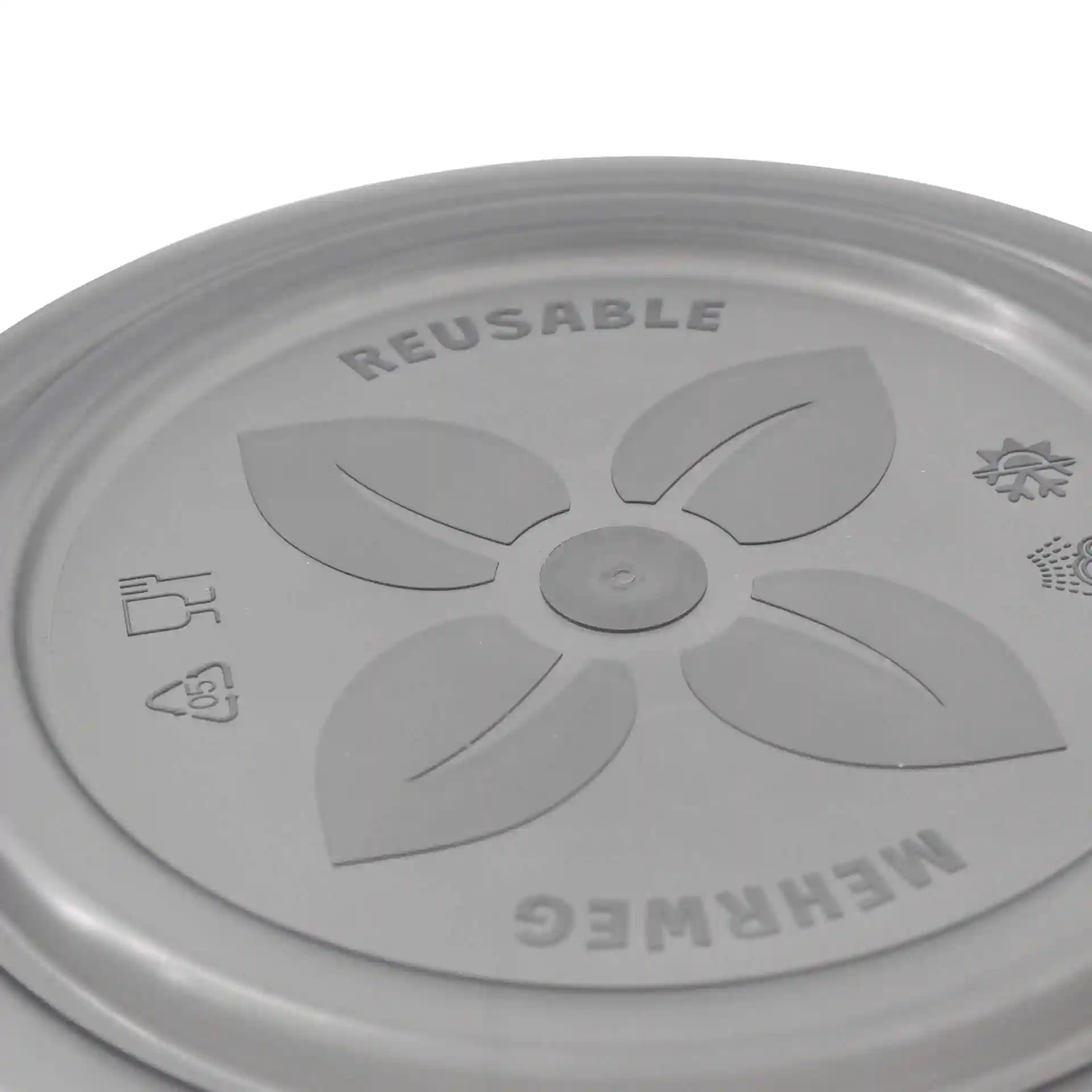 Round grey reusable lid made of PP, featuring a central knob and leaf design on top.
