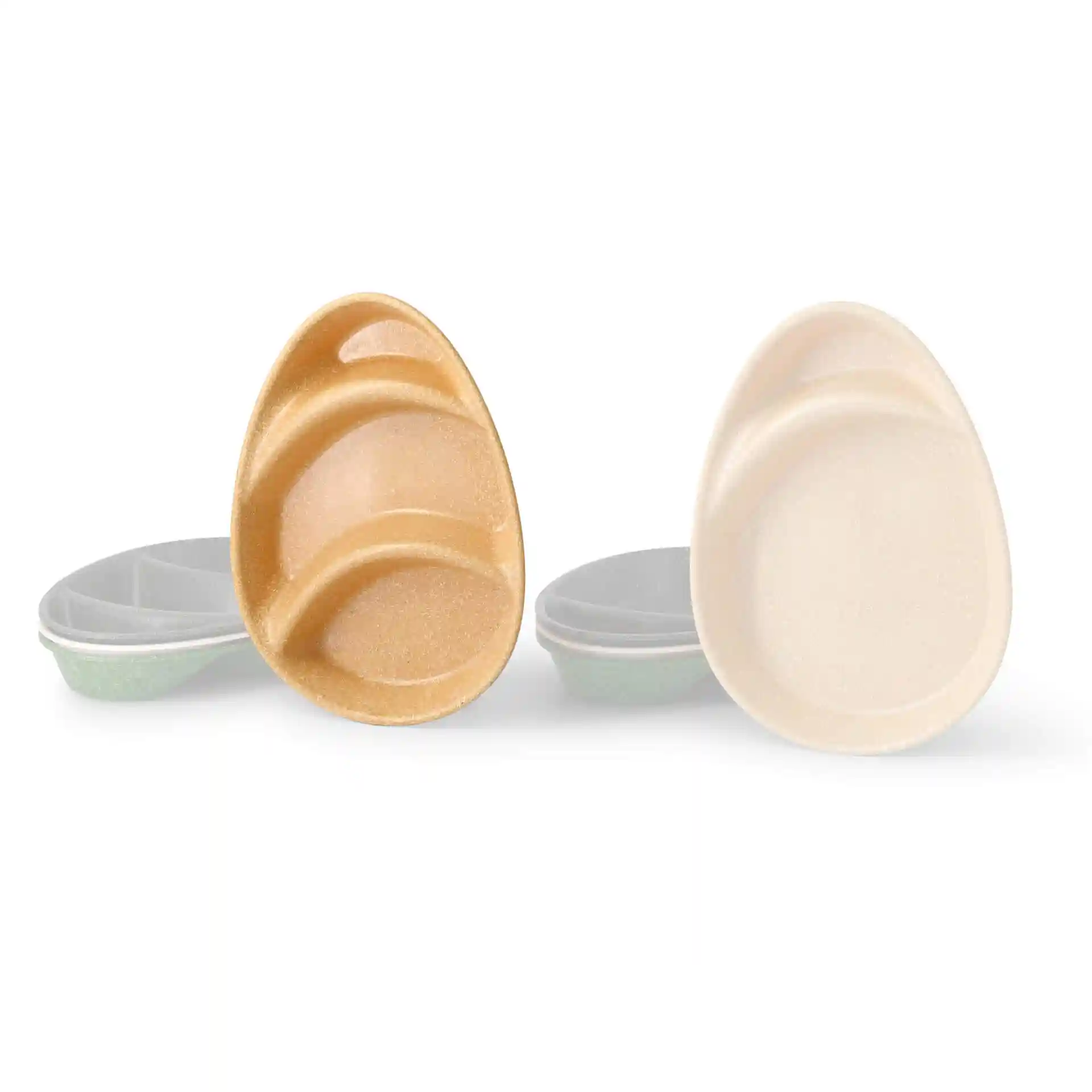 Reusable menu plate in caramel color with three compartments, measuring 27.5 x 20 cm, made from bio compound material.