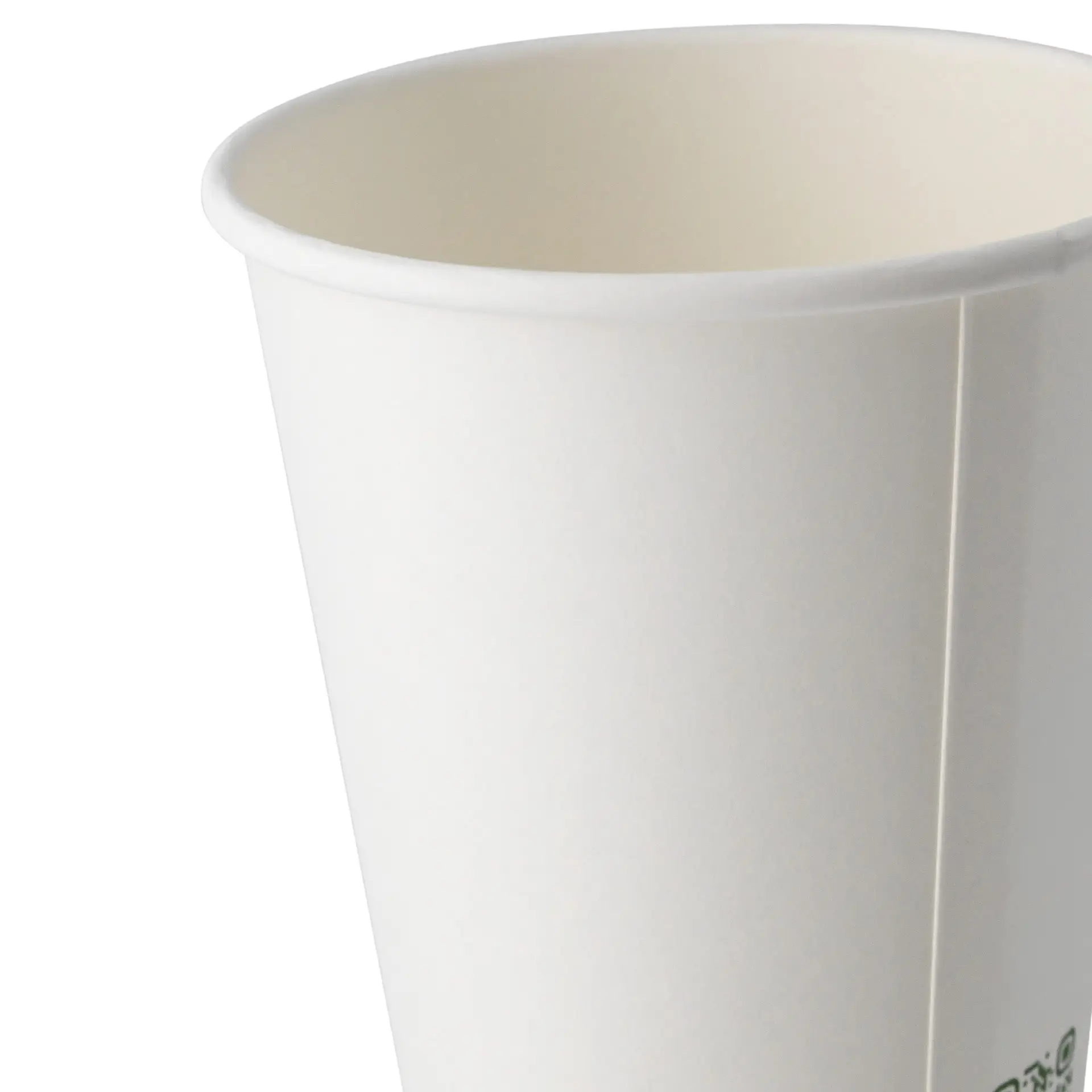 One white paper cup with a rolled rim; text printed on the side includes green markings and a message about being eco-friendly.