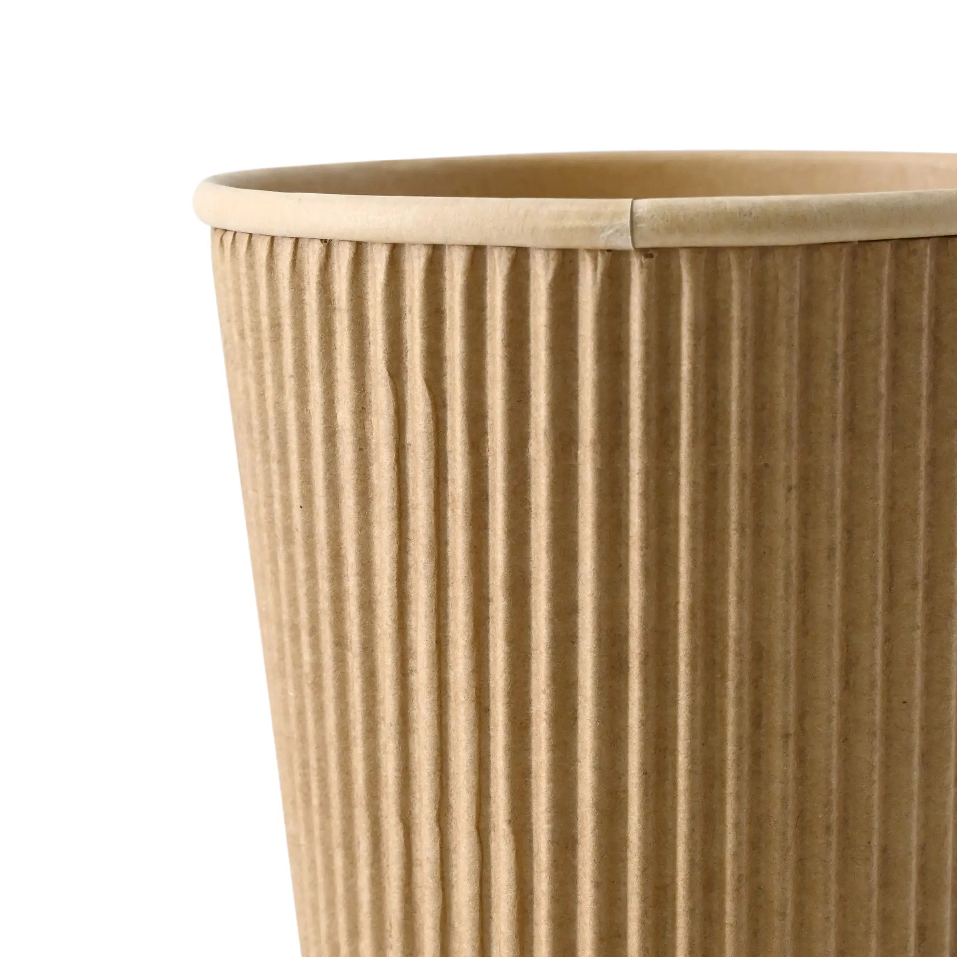 Brown ribbed disposable coffee cup with triple-walled insulation, designed for hot drinks, featuring a PLA inner coating.