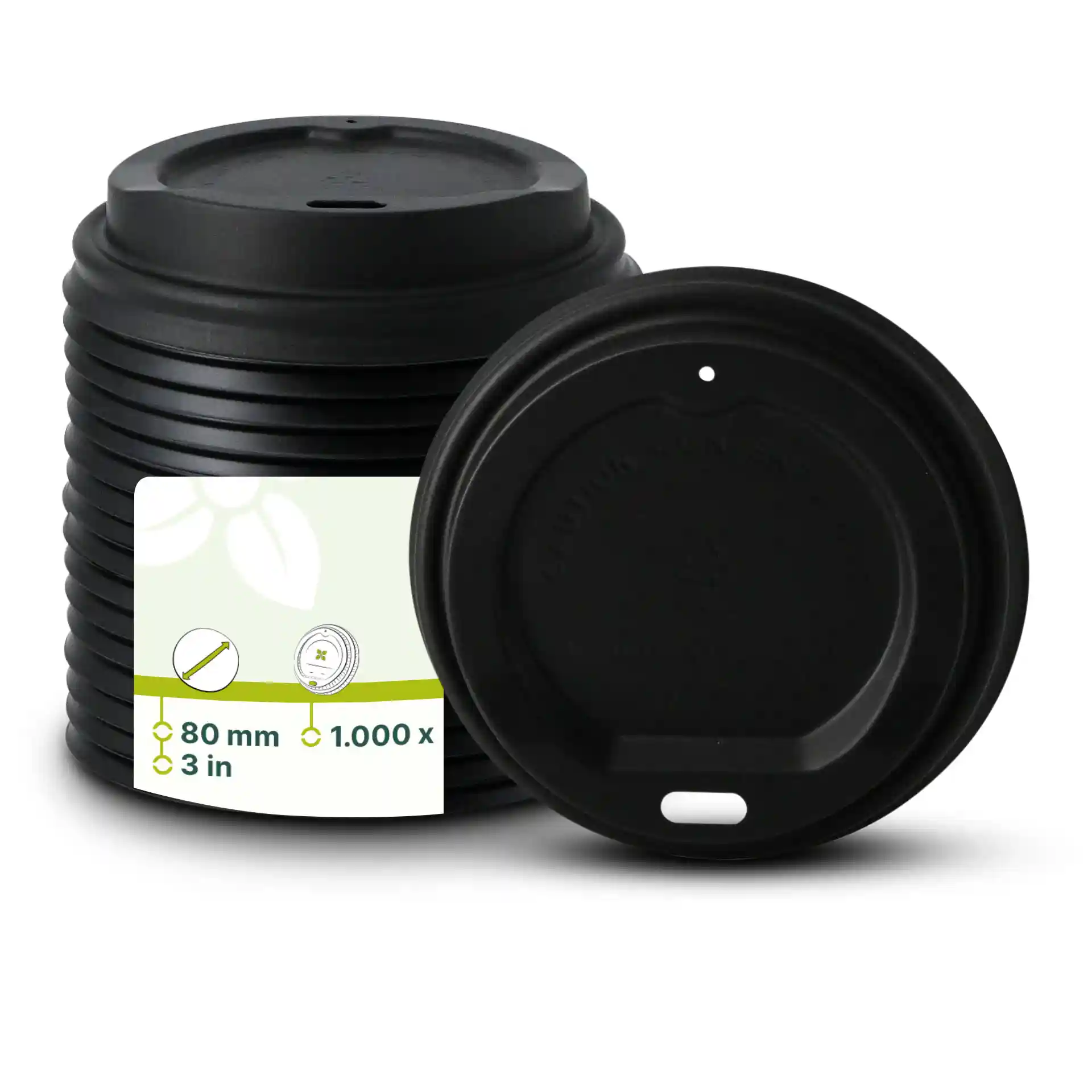 Black PS lid with a diameter of 80 mm and a drinking hole, shown from the top and side.