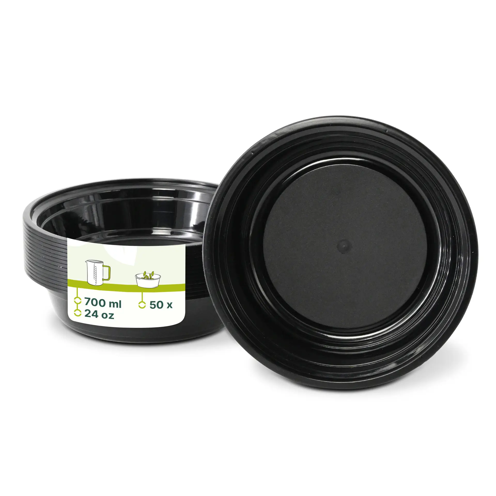 One black reusable plate, 700 ml capacity, designed for hot and cold dishes; included label with capacity information visible.